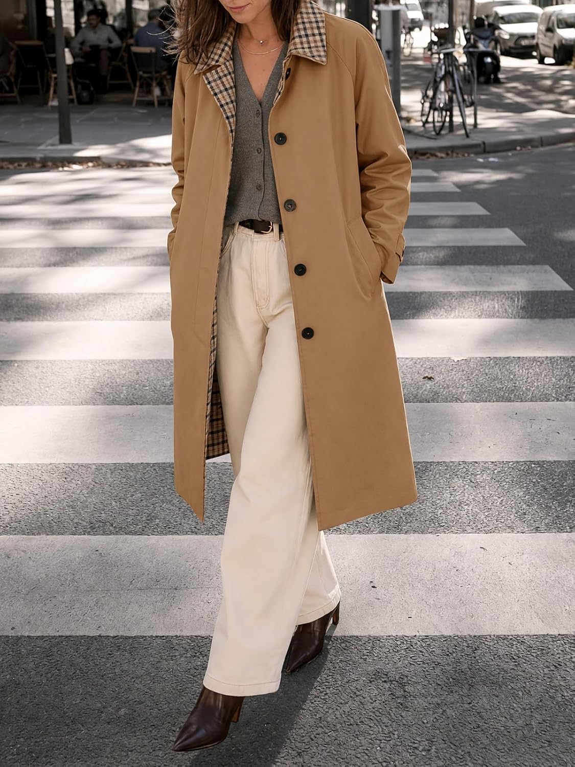 Tankaneo Womens Long Trench Coat Plaid Reversible Windproof Overcoat