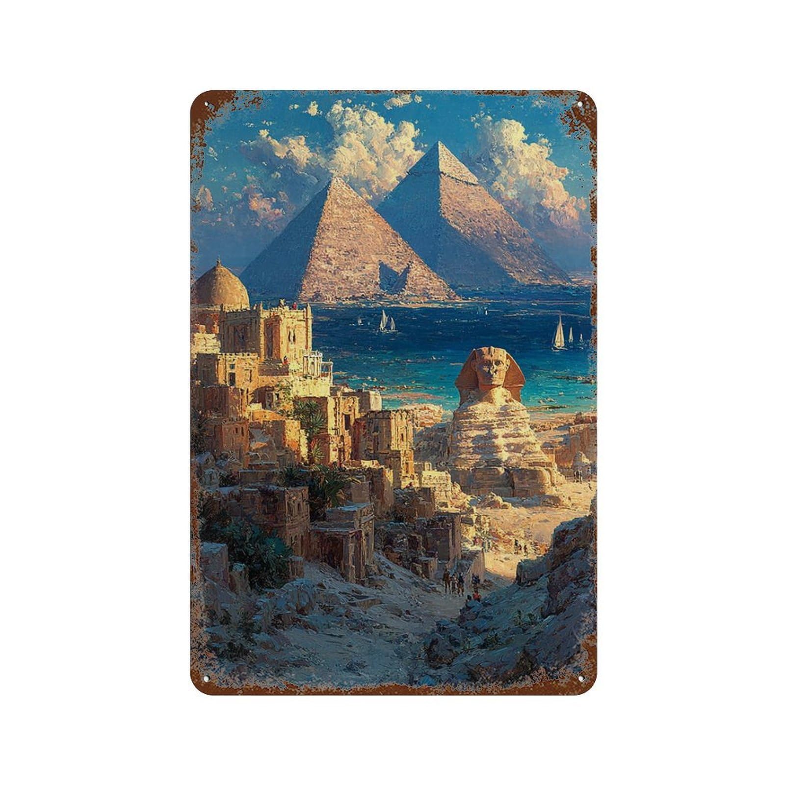 Aged Metal Wall Plaque with Pyramids Sphinx Ancient Egypt Landscape Design 11.8"x7.9", for Shed, Workshop And Garage Wall Decor, Decorative Metal Wall Art