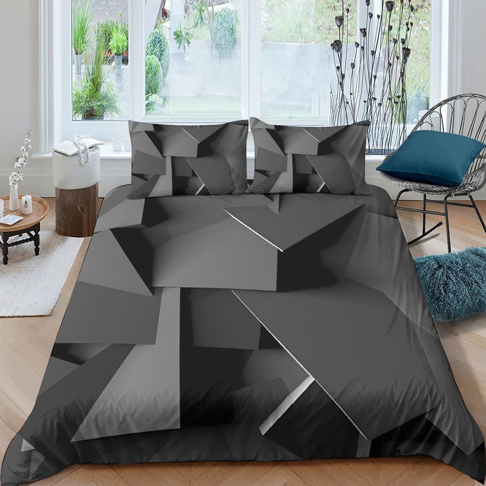 Ctjqhvkz Style-2 3D Printed Geometric Cube Fitted Sheet Microfiber Soft Black Grey Abstract Bed Cover For Bedroom Decor Dorm Guest Room Single（135X200cm）