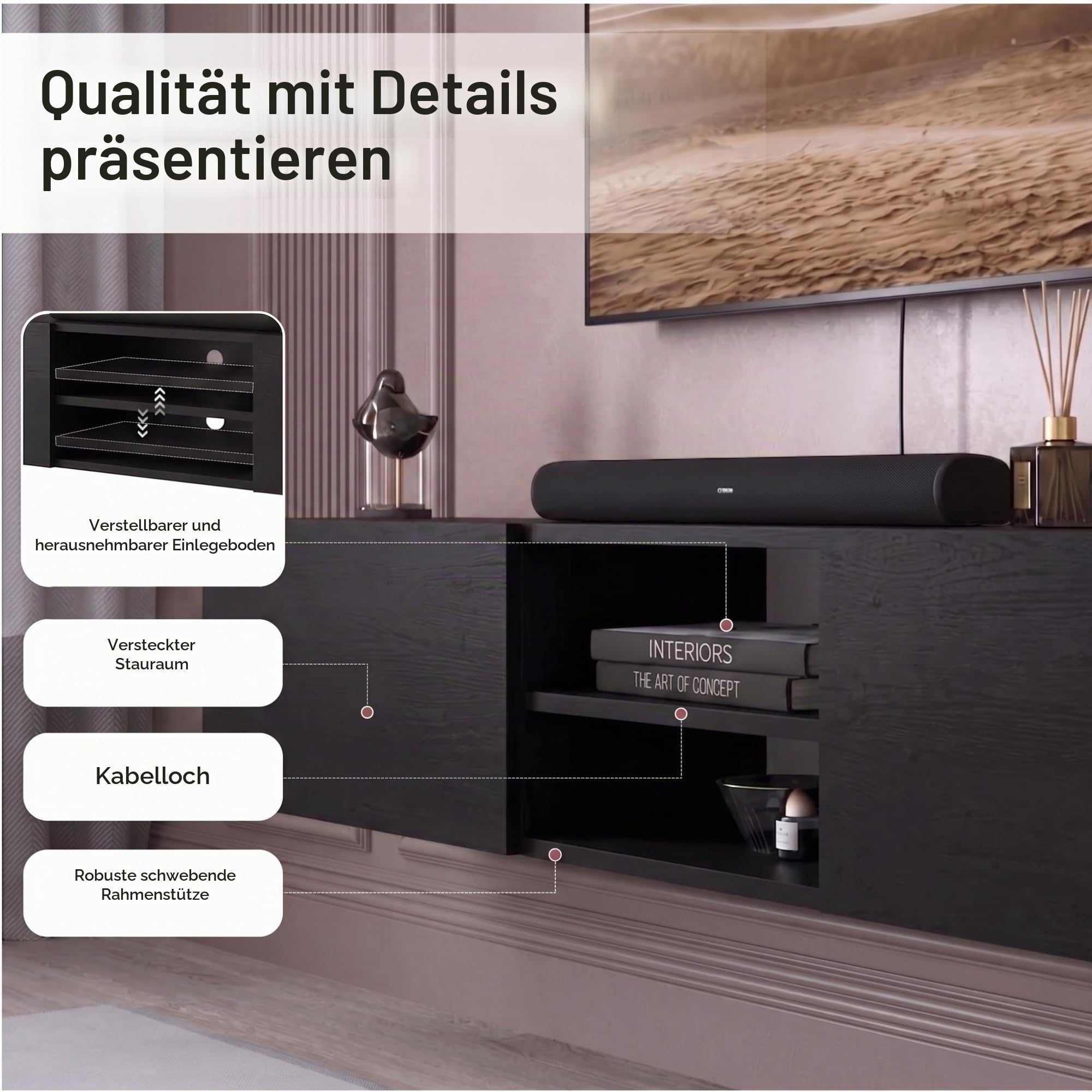 Hangendes TV-Lowboard 180 cm – Wandmontage mit 2 Klappen & offenen Faechern, TV-Schrank in Schwarz Holzoptik, Fuer Fernseher bis 75 Zoll