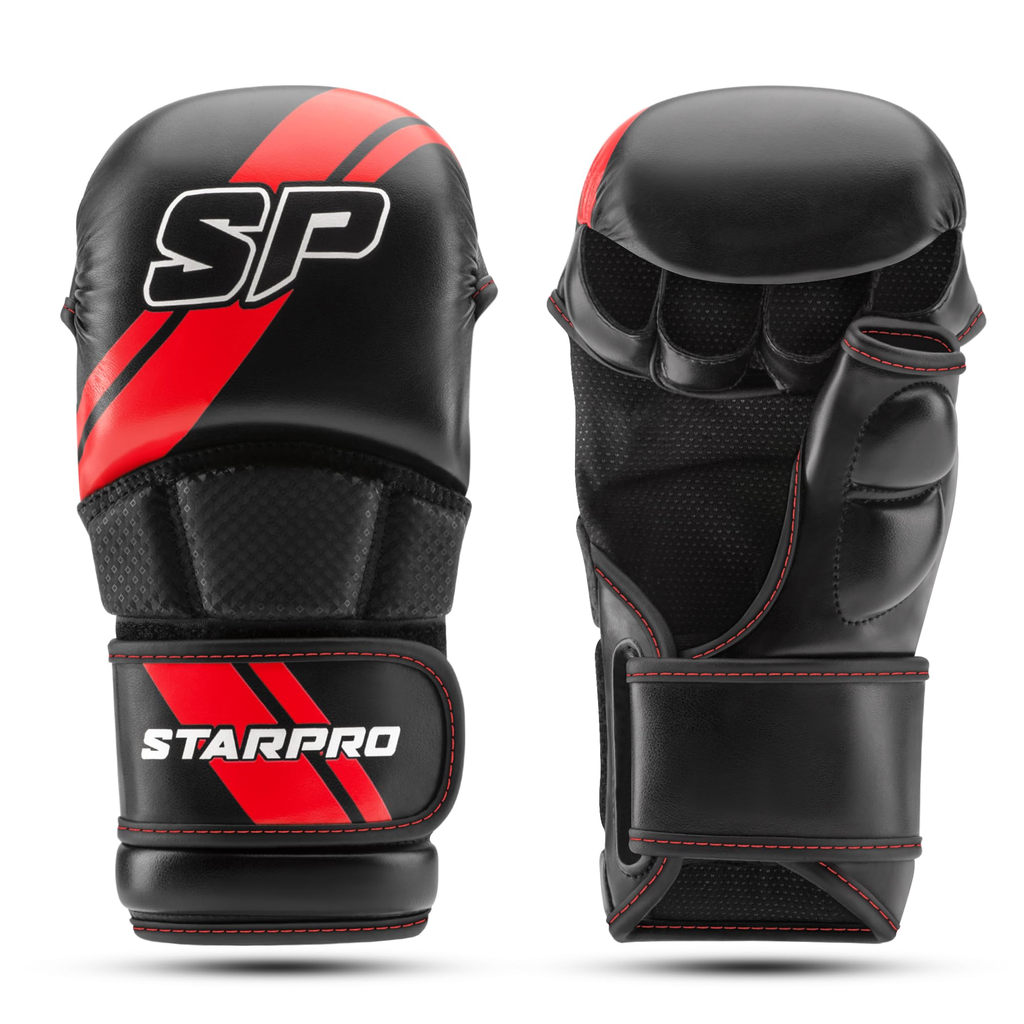 Starpro MMA Guanti da combattimento | Pelle PU | Bianco e nero | Per lo sparring e il grappling nell'allenamento di combattimento Muay Thai Marital Arts MMA Kickboxing fitness | Uomini e donne