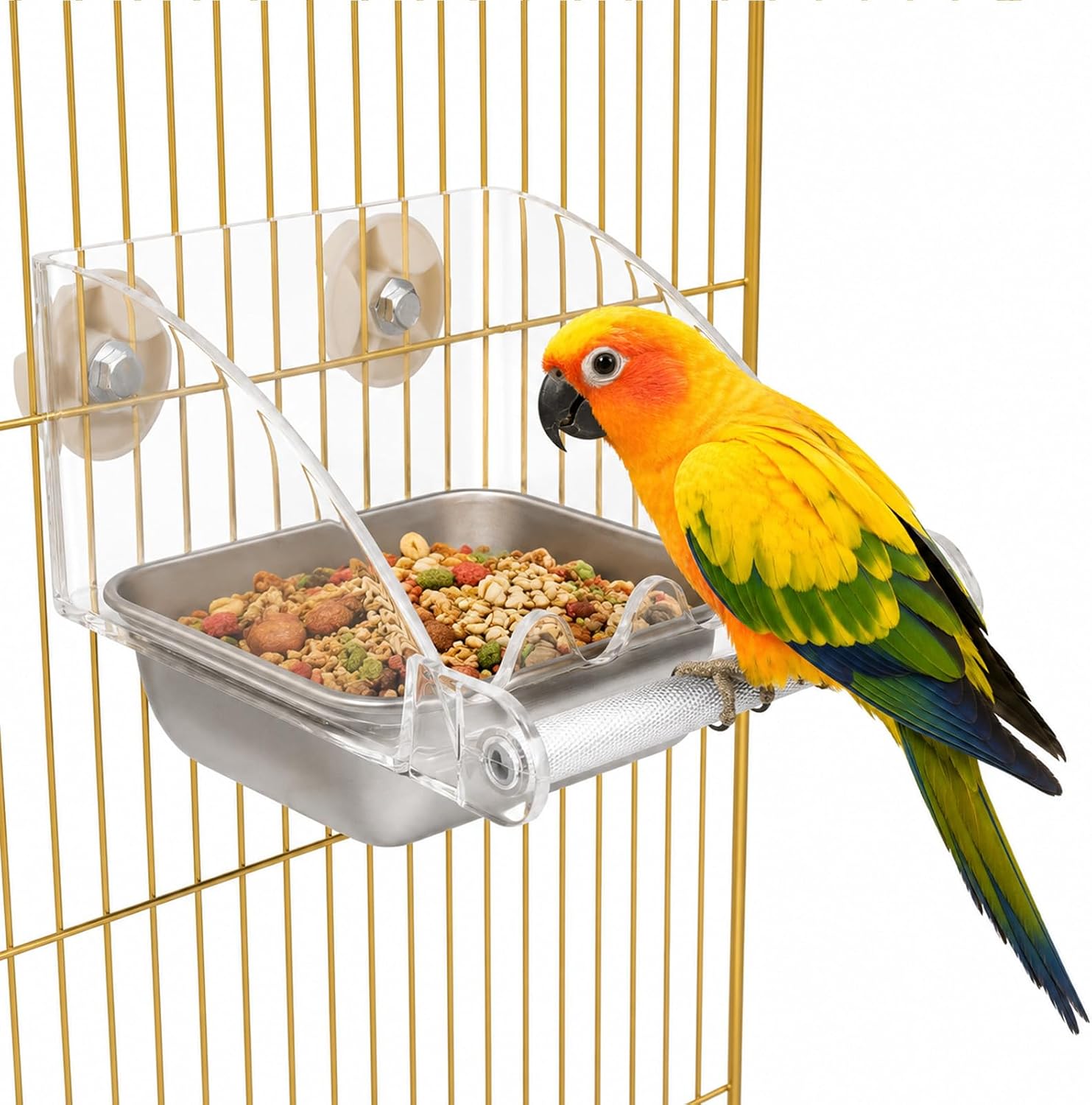 No Mess Bird Cage Feeder Large Capacity Stainless Steel Bird Feeder | No Mess Birds Food Bowl Stainless Steel Birds Bowls with Anti-Slip Perch Stand for Parakeets Budgies Parrots Cockatiels