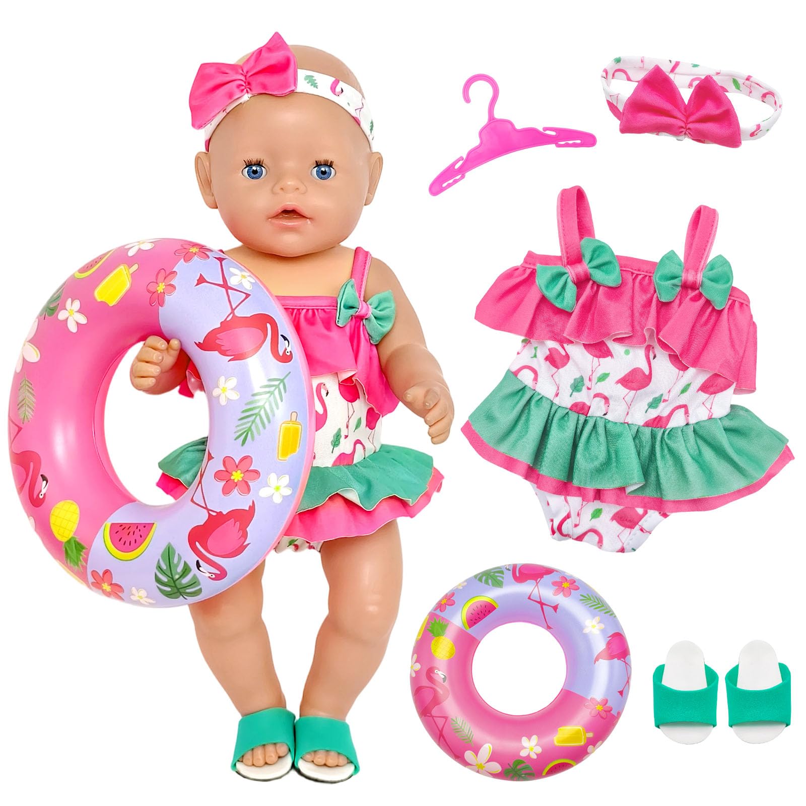 Baby Doll Clothes for 35–43 cm Dolls, 5 Pcs Pink Doll Clothes Swimsuits Hairbands Swim Rings Shoes Hangers Cute Swimsuit Set for 14-18 Inch Baby Dolls, Girls' Birthday Gift