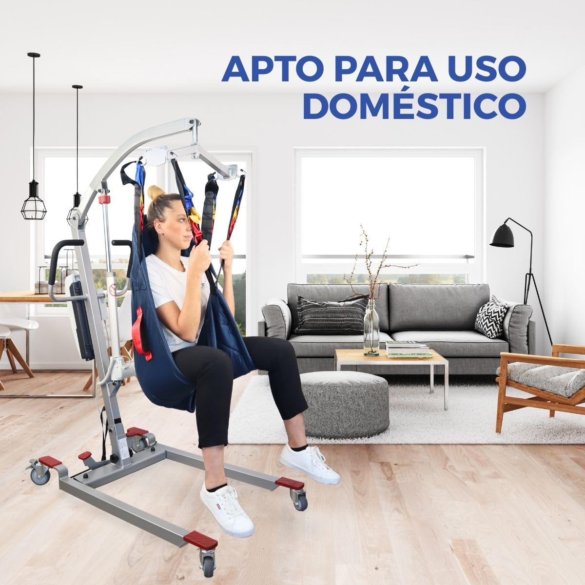 Mobiclinic®, Grúa para Personas Mayores Eléctrica, Plegable, hasta 180 kg, Estructura ya Montada, Incluye Arnés de Transferencia, Ancho Ajustable, Ruedas con Freno, Segura, Acero, Fortuna