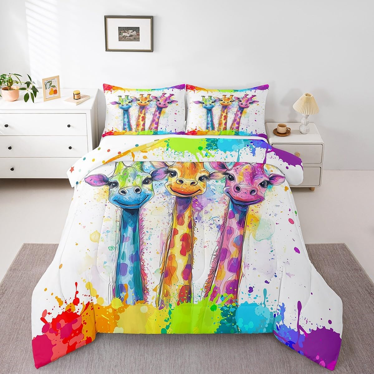Manfei Watercolor Giraffe Comforter Set for Kids Adults,Rainbow Paint Graffiti African Wildlife Bedding Comforter Sets Twin,Hand Drawm Animals Cartoon Quilt Comforter with 1 Pillowcase
