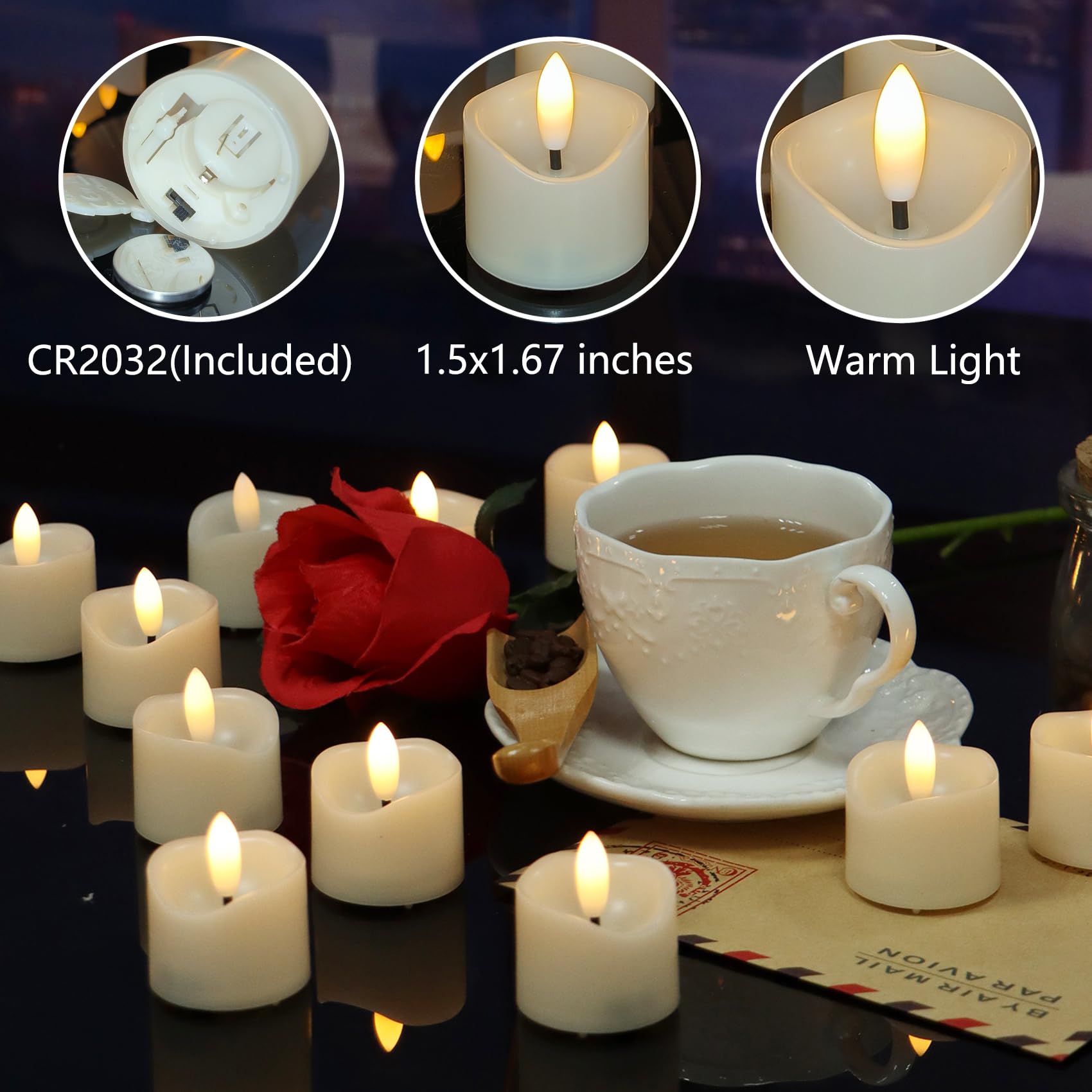 Batteriebetriebene Votivkerzen, 3,8 x 4,2 cm, flammenlose Votiv-Teelichter, schwarzer Docht, Teelichter, LED, elektrische künstliche Kerzen, realistisch, für Hochzeit, Weihnachten, Erntedankfest