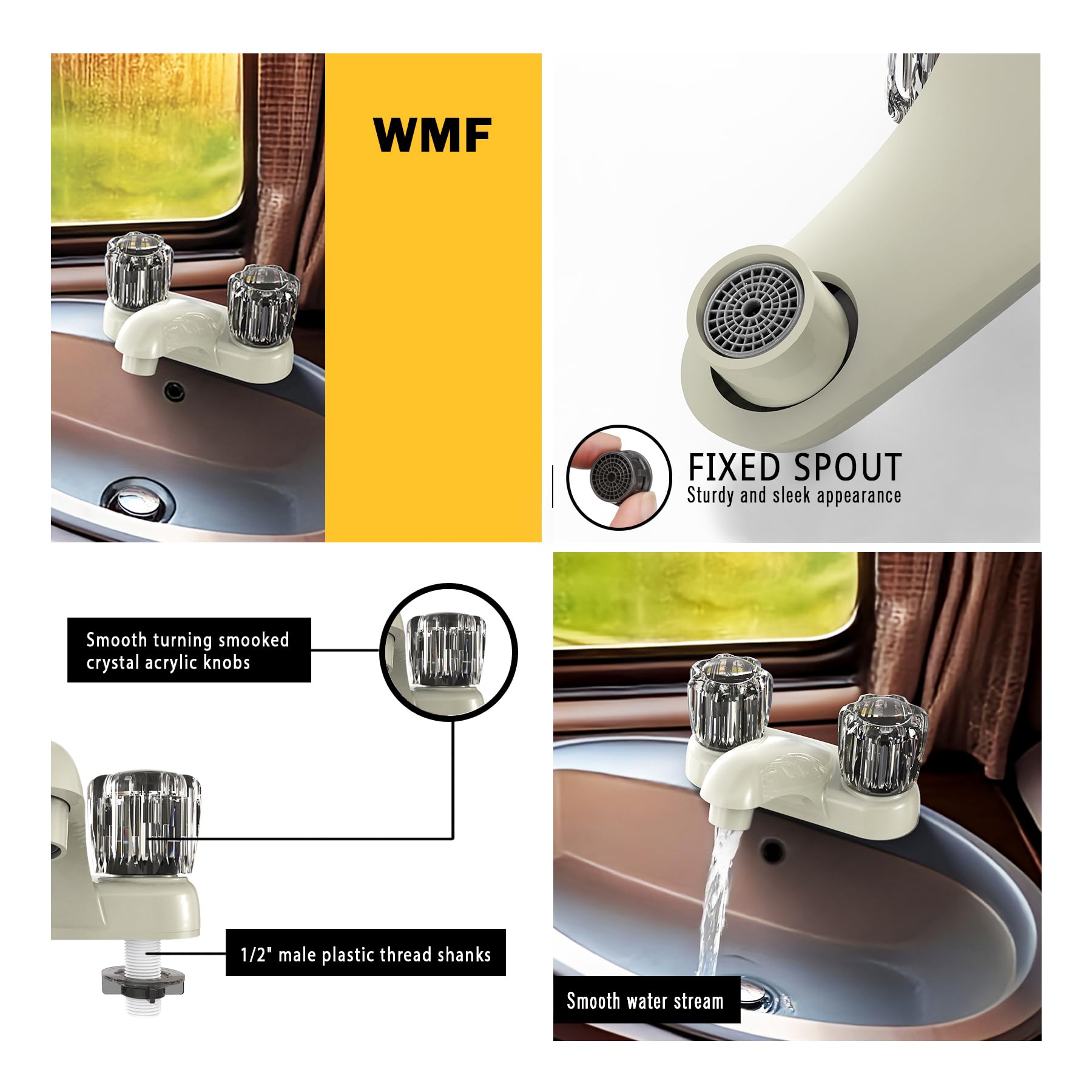 WMF RV Bathroom Faucet with Smoke Handles 4-Inch Centerset 2 Handle Sink Faucet for Camper Travel Trailer Mobile — view 3