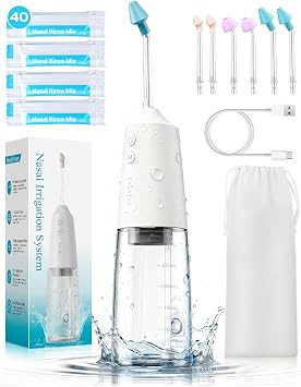 Nasal Irrigation System with 40 Saline Packets, 15s Quick Relief, Nettie Pot Sinus Rinse with 4 Speeds, 1000mah USB-C Charging, 6 Nozzles for Kid Adult, IPX7 Waterproof Electric Neti Pot
