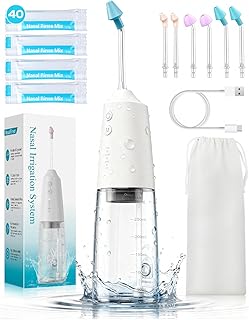 Nasal Irrigation System with 40 Saline Packets, 15s Quick Relief, Nettie Pot Sinus Rinse with 4 Speeds, 1000mah USB-C Charging, 6 Nozzles for Kid Adult, IPX7 Waterproof, Congestion Pressure Relief