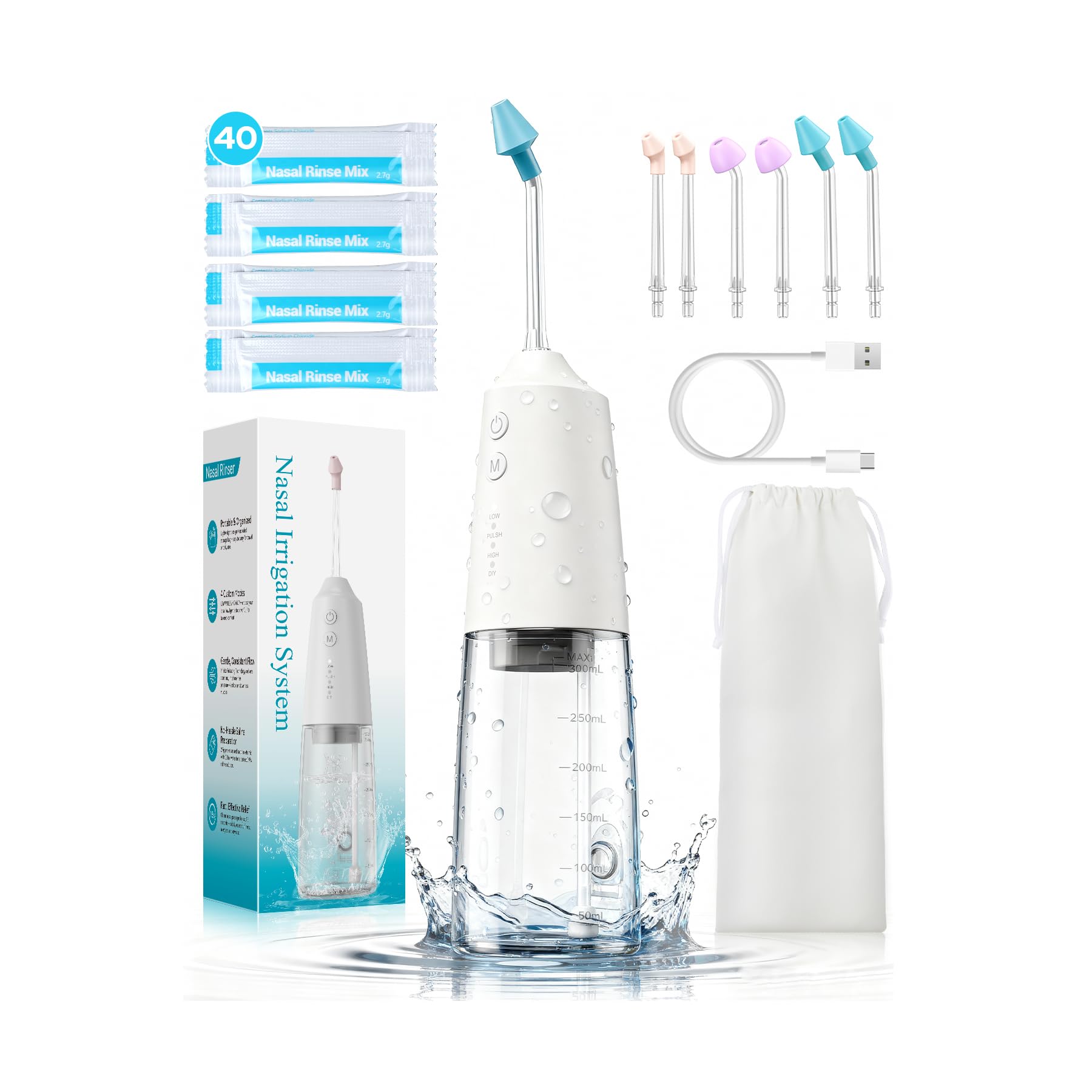 Photo 1 of Nasal Irrigation System with 40 Saline Packets, 15s Quick Relief, Nettie Pot Sinus Rinse with 4 Speeds, 1000mah USB-C Charging, 6 Nozzles for Kid Adult, IPX7 Waterproof, Congestion Pressure Relief