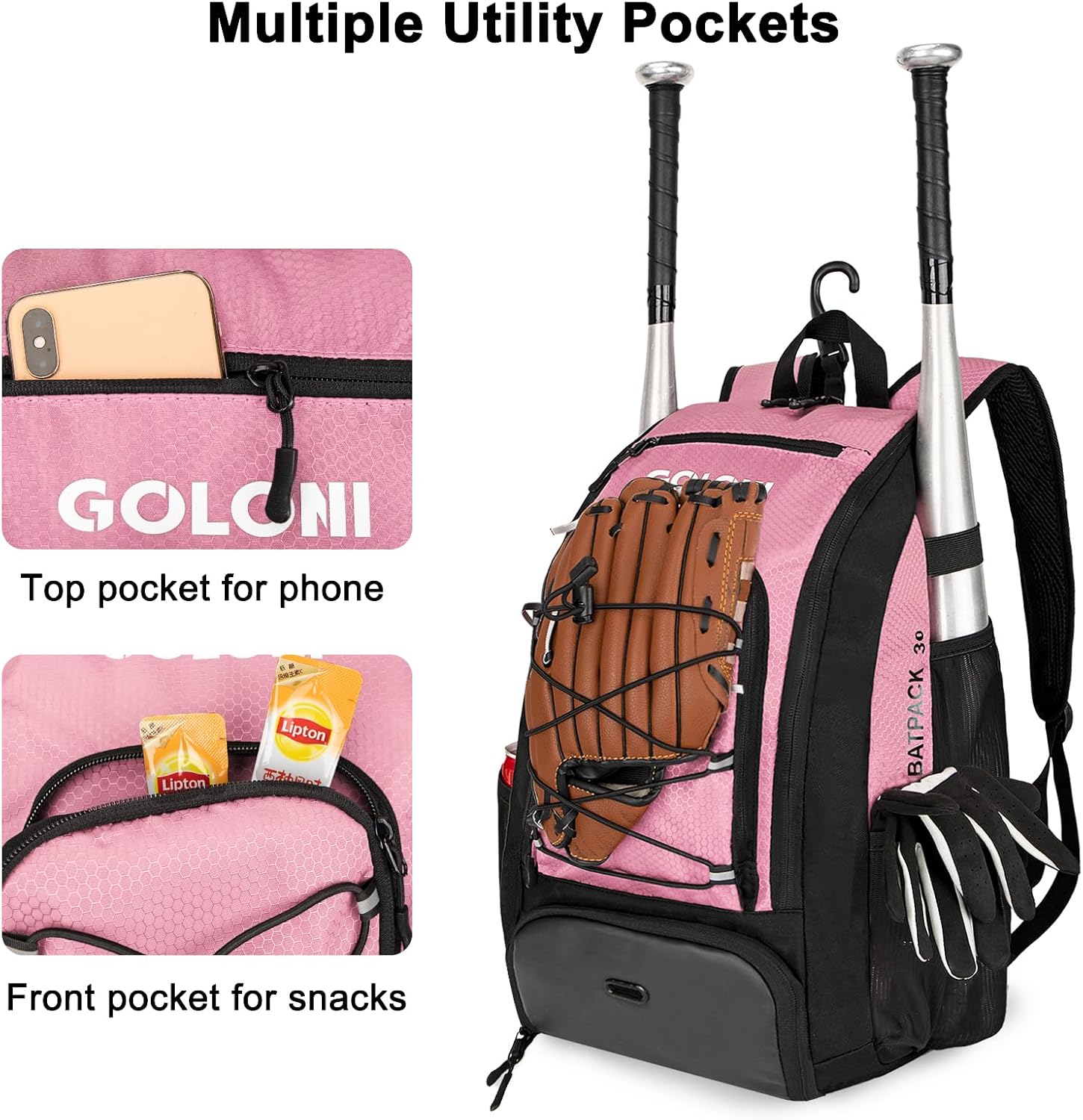 Goloni 40L Baseball Bag, Softball Bat Bag with Shoes Compartment,Fence Hook,Backpack for Baseball, T-Ball & Softball Equipment & Gear