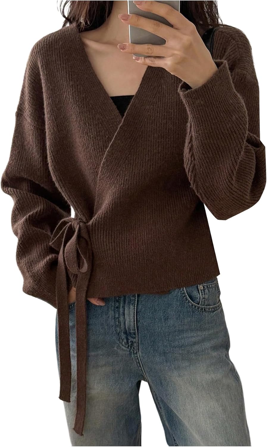 SweatyRocks Women's Wrap Cardigan Sweaters Tie Front Long Sleeve Soft Knit Dressy Work Tops