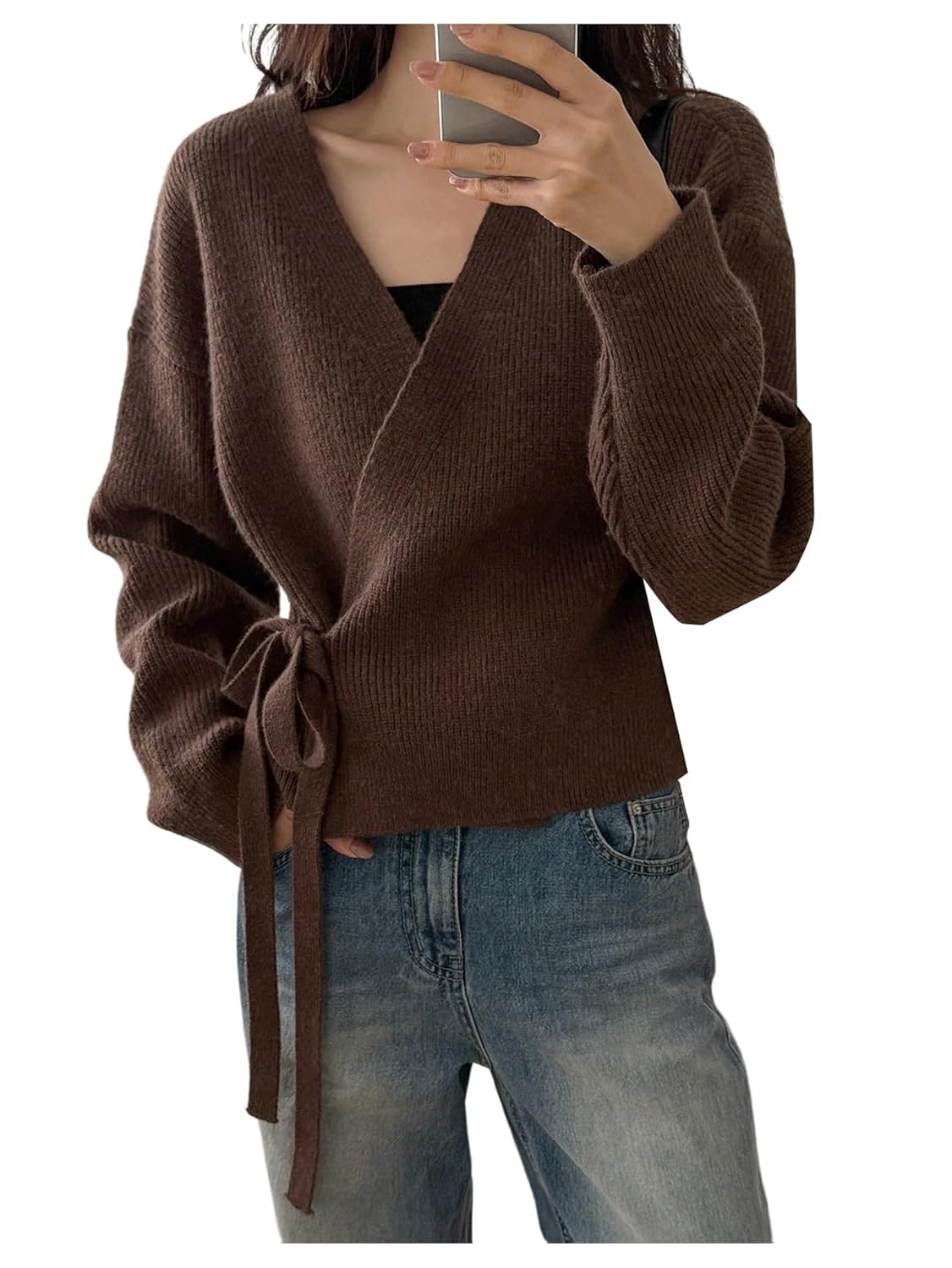 SweatyRocks Womens Wrap Cardigan Sweaters Tie Front Long Sleeve Soft Knit Dressy Work Tops