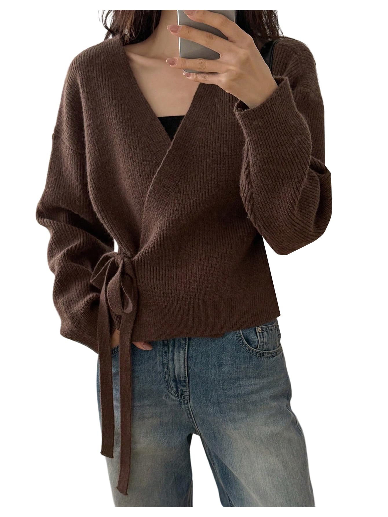 SweatyRocks Womens Wrap Cardigan Sweaters Tie Front Long Sleeve Soft Knit Dressy Work Tops