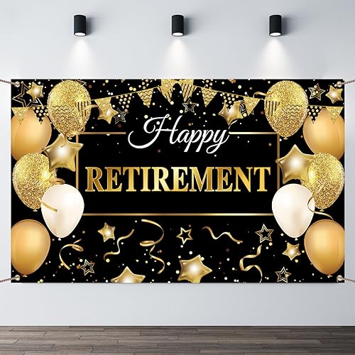 GEMLORD Decoraciones de fiesta de jubilación con texto en inglés Happy Retirement de tela grande, telón de fondo negro y dorado con cuerda