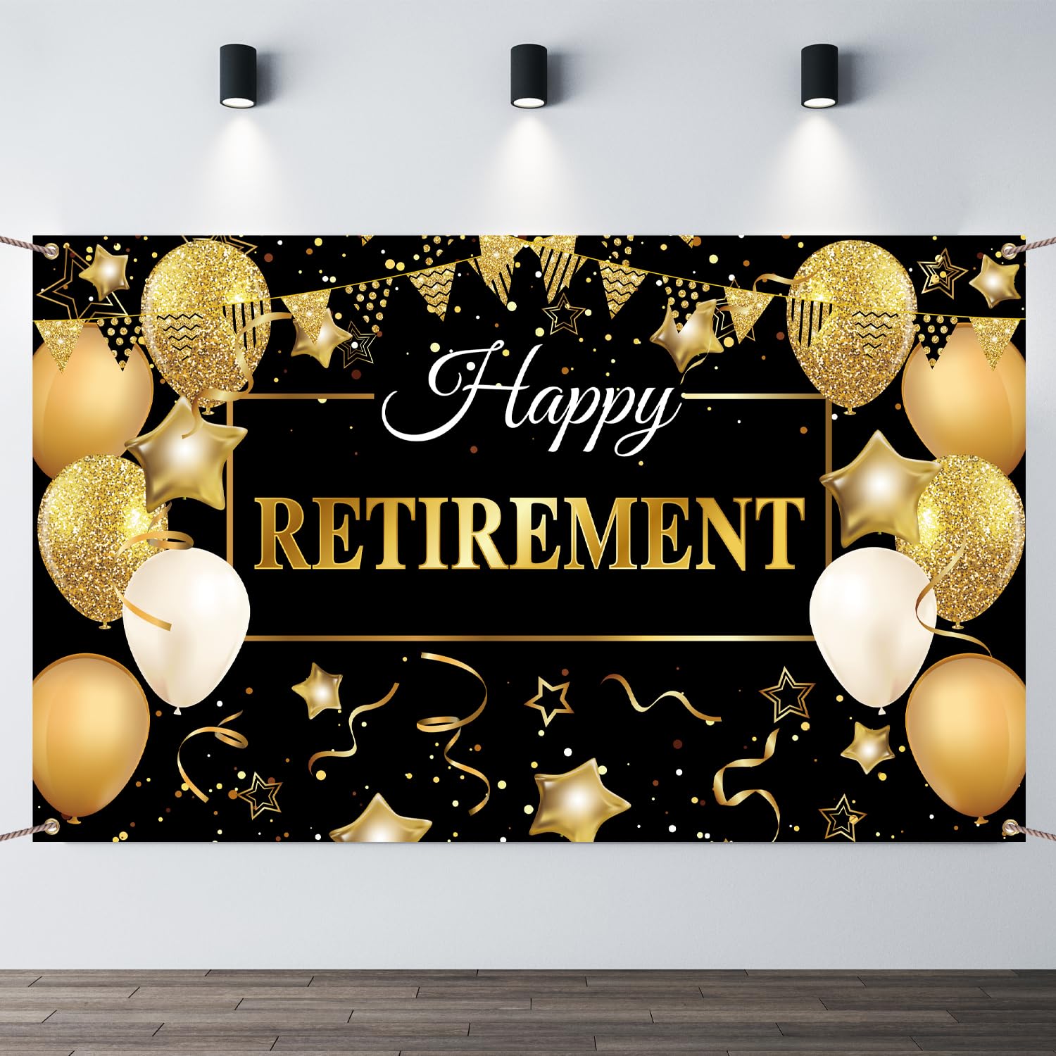 GEMLORD Happy Retirement Party Decorations Large Fabric Retirement Banner Backdrop Black and Gold Retirement Decorations with Rope