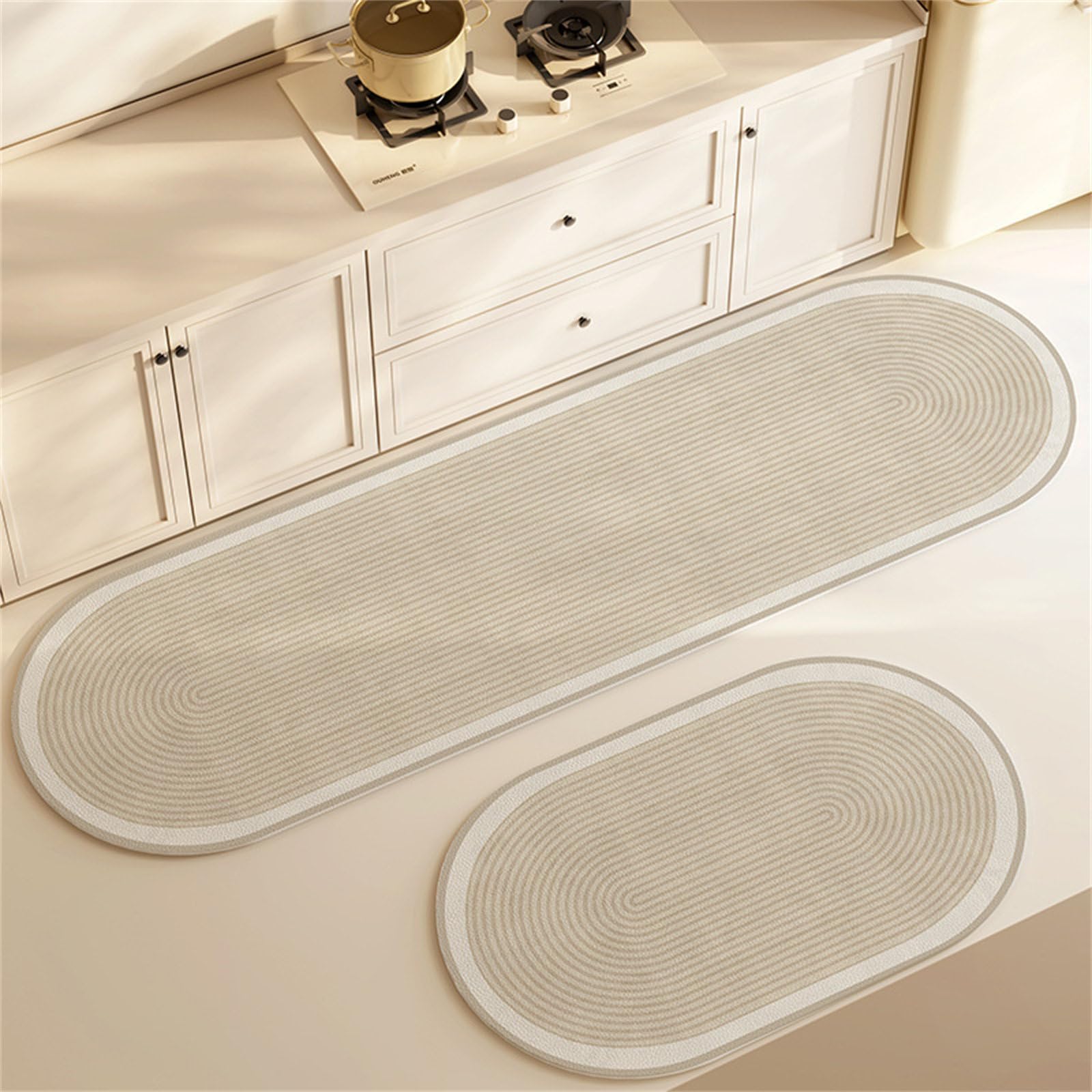 Highdi Oval Kitchen Rug, Water Absorbent Kitchen Mat, Non Slip Washable Anti-Fatigue Standing Mat, Quick Drying Diatom Mud Long Carpet for Entryway, Laundry Room, Hallway, Sink (Khaki,40x60cm)