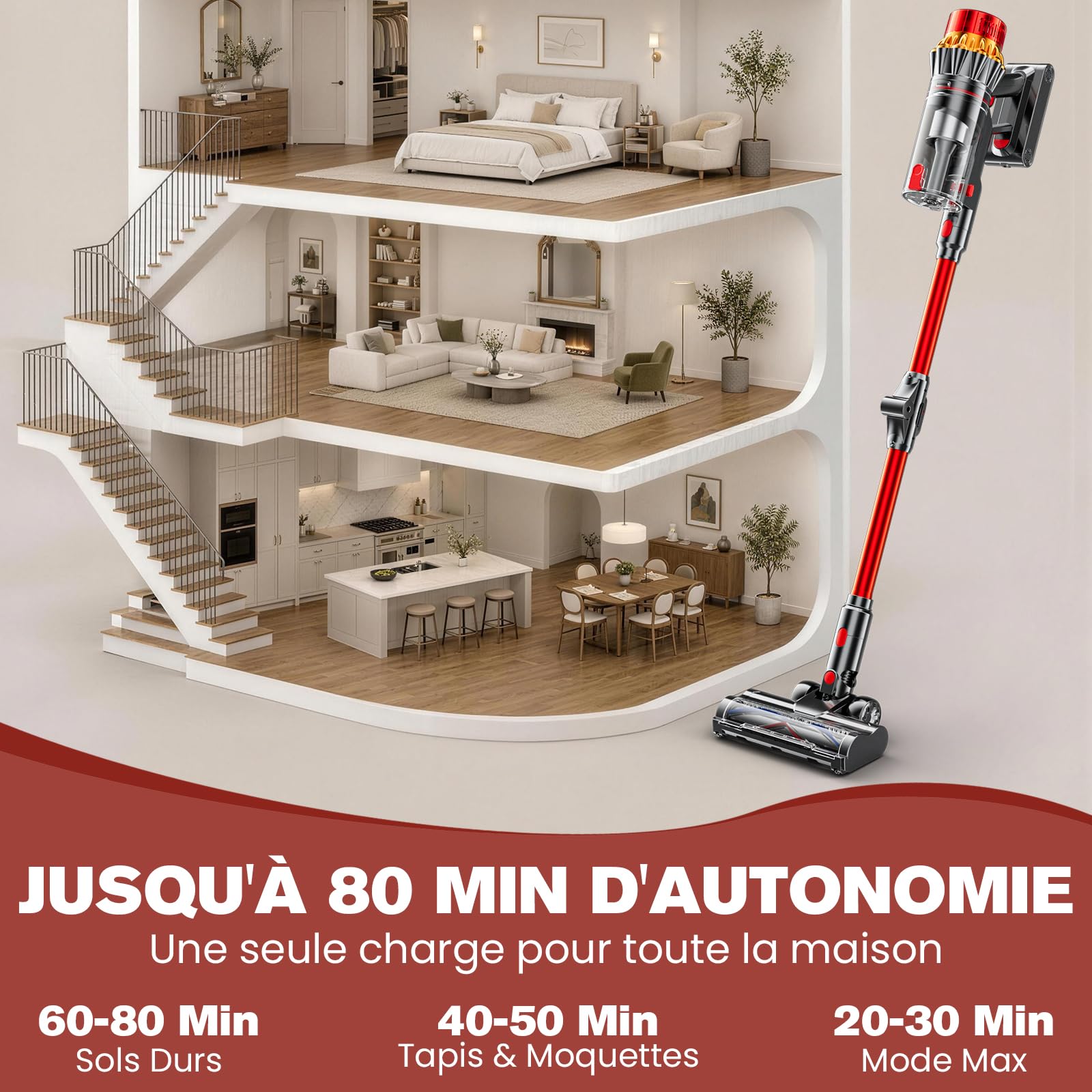 Aspirateur Balai Sans Fil 75 KPa, Autoportant avec Lumière Verte Détection Poussière, Tube Pliable Ergonomique, Écran LED Intelligent, 80 Min d’Autonomie, Anti-Enchevêtrement, Réservoir XL 1,8L