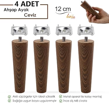 4 ADET Ahşap Ayak 12 Cm Ceviz M8 Civatalı Bağlantı Aparatlı Dolap Mobilya Koltuk Kanepe Destek Ayağı Ayakları