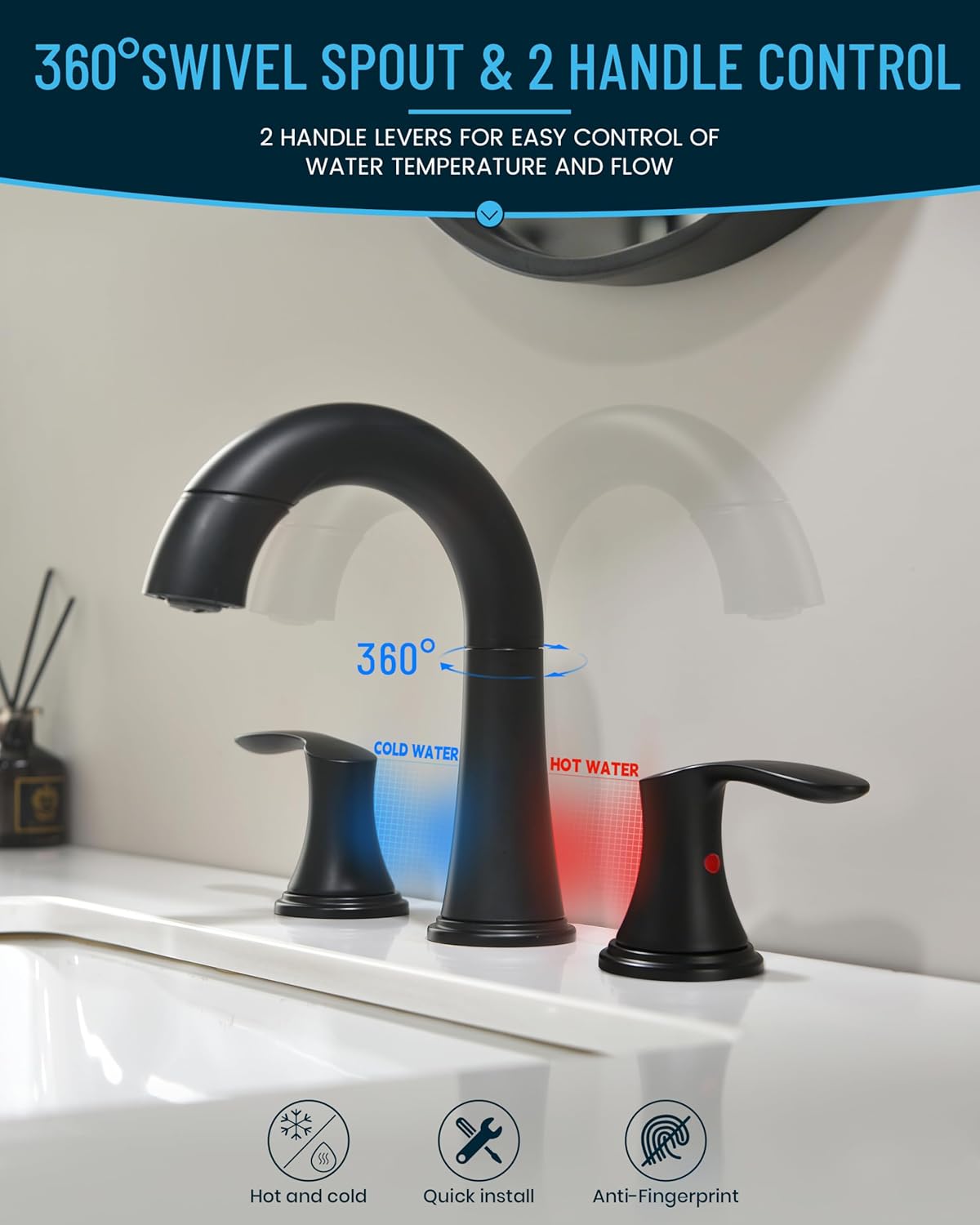 Bathroom Faucet Matte Black 8 Inch Certerset 3 Hole 2 Handles Faucet, BF-106B, 14 Inch Pull Down Out Sprayer Washing Pet & Cleaning, 360 Swivel Spout Widespread Coverage Vanity