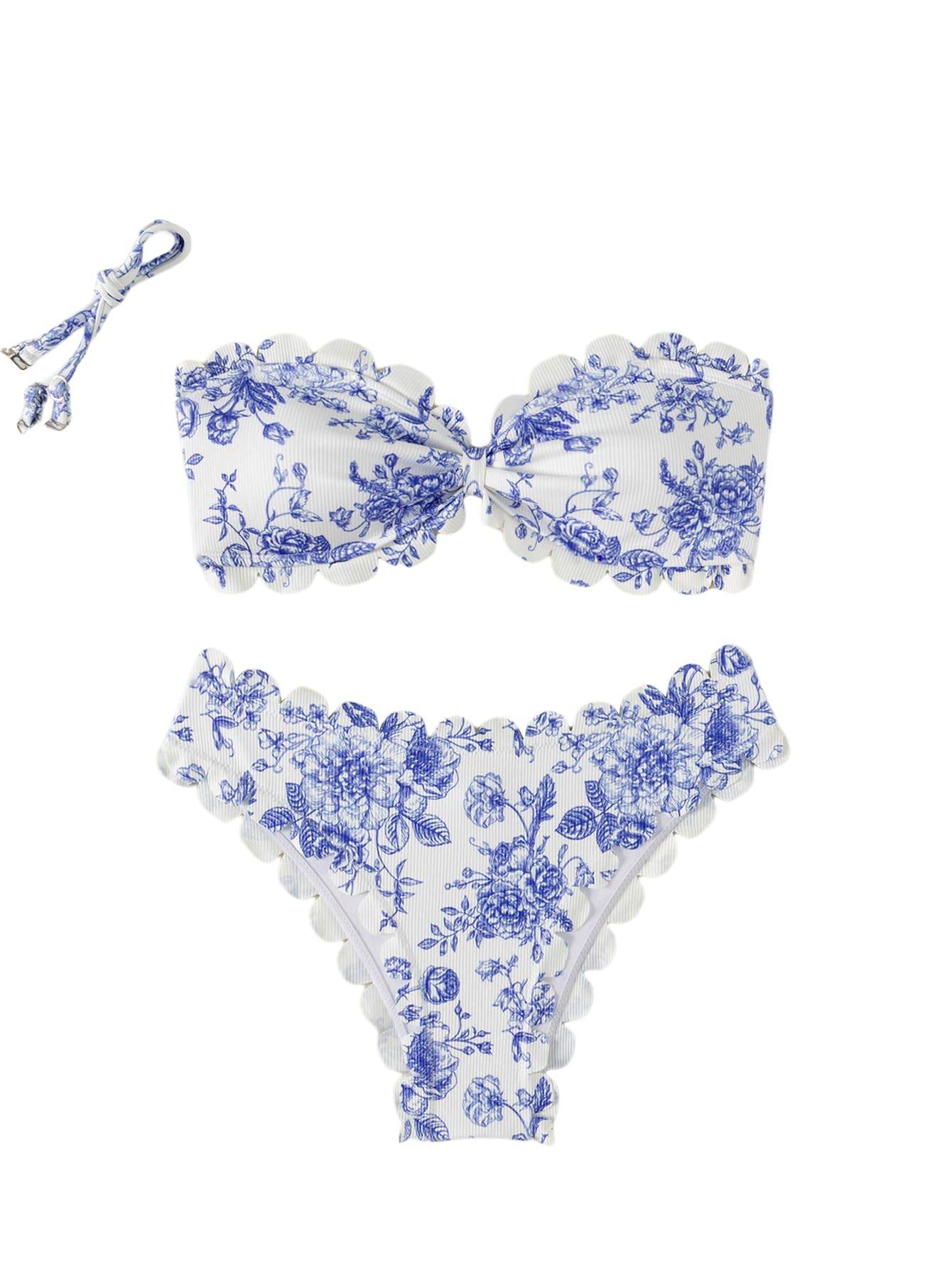 SHENHE Women's 2 Piece Bandeau Bikini Sets Floral Print Scalloped Boho Strapless Swimsuits