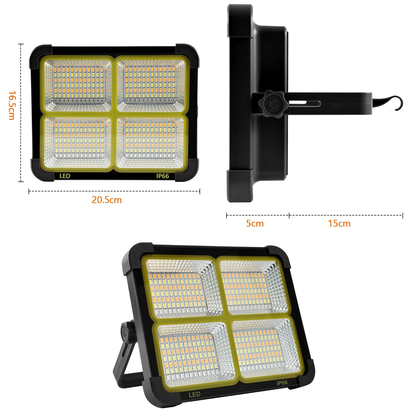CosyEasy - Proiettore LED ricaricabile 100 W 10.000 lm, luce da lavoro, lanterna portatile con pannello solare, 16500 mAh, USB, ricaricabile, per campeggio, canto, garage, officina