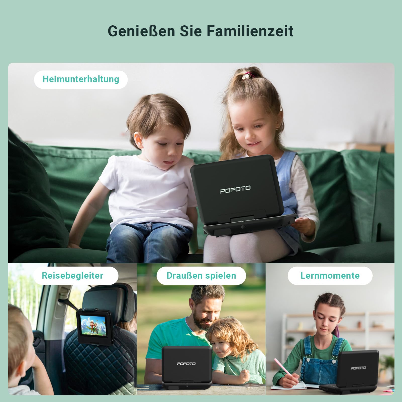 POFOTO 9.5" tragbarer DVD-Player für Kinder und Auto mit 7,5 Zoll schwenkbarem Bildschirm, 4–6 Stunden Betriebszeit, Auto-DVD-Player mit Zwei Lautsprechern, Fernbedienung, unterstützt Sync-TV