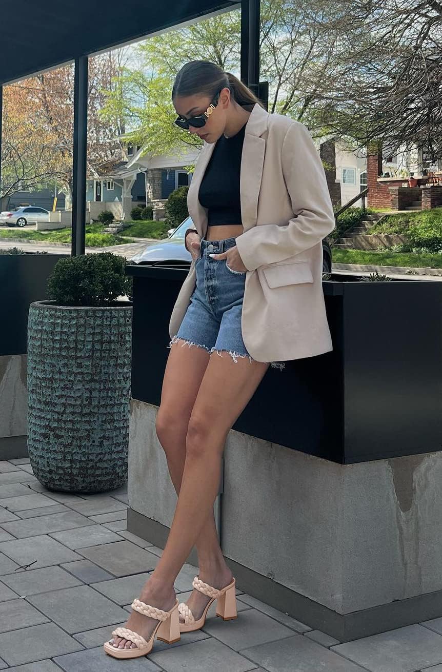 Coutgo Womens Platform Heels Chunky Heel Braided Heeled Sandals Slip on High Mules Party Summer Dress Shoes