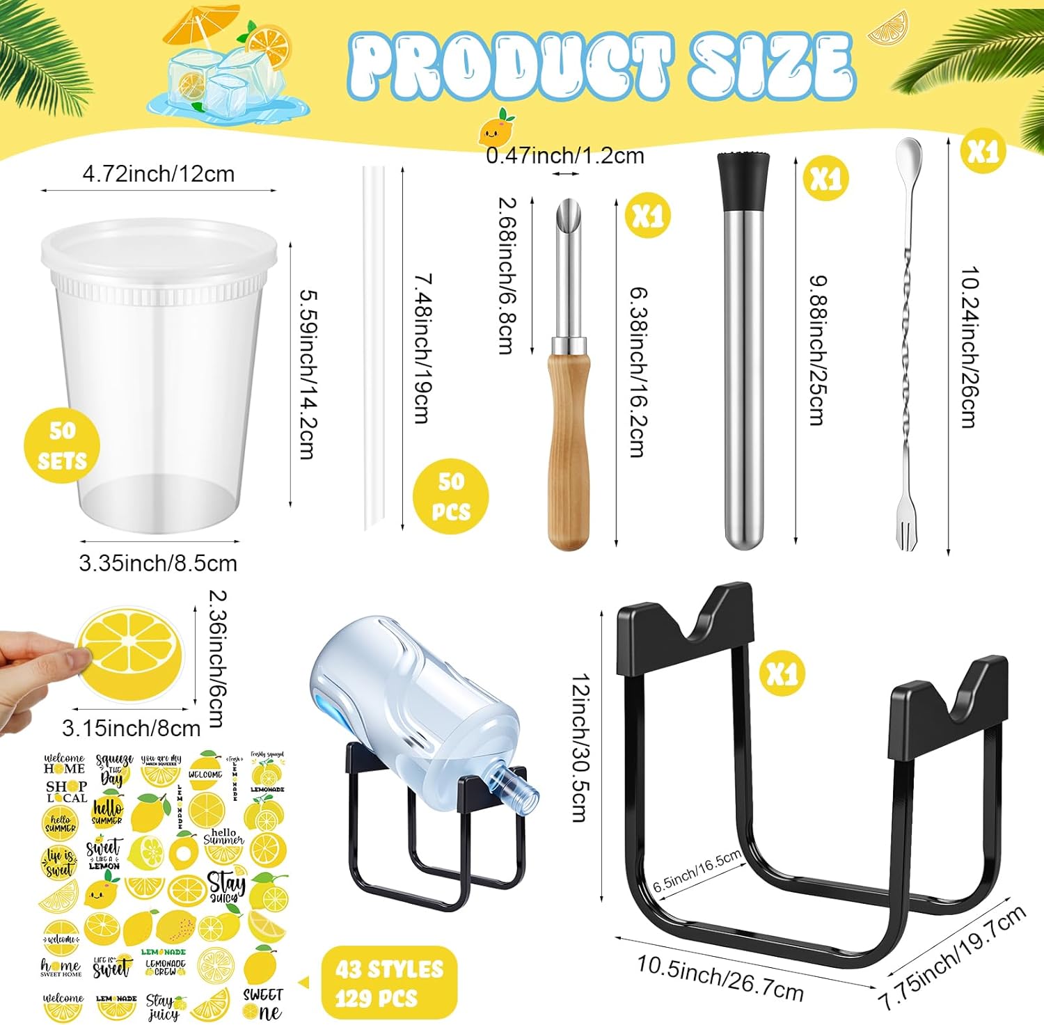 LemonRoad 50 Set Lemonade Stand Supplies Include 32 oz Plastic Cups with Lids and Straws Stainless Steel Water Jug Stand Dispenser Valves Straw Puncher Muddler Mixing Spoon for Summer Party Decoration