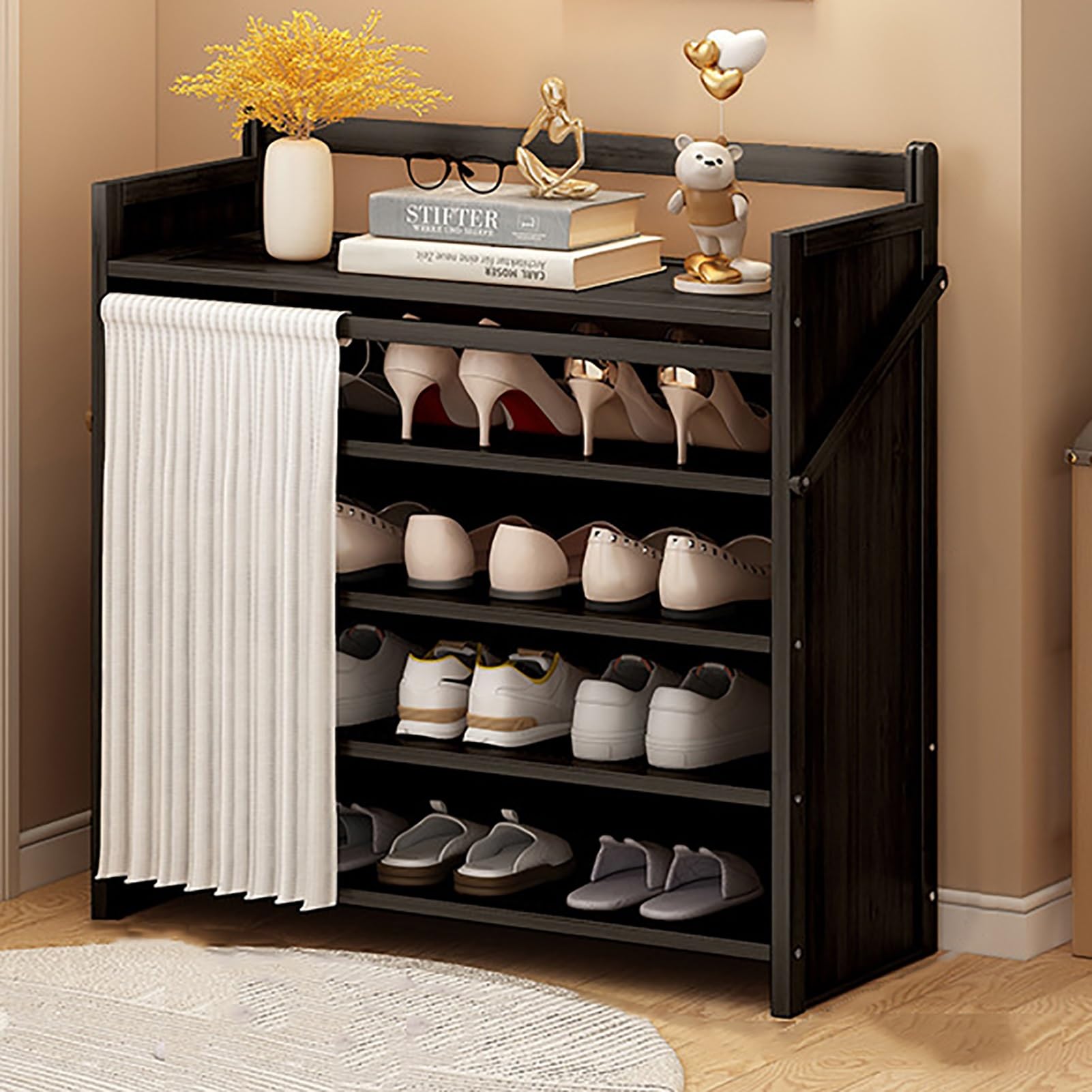 Foldable Shoe Rack No Assembly Required Bamboo Shoe Indoor/Outdoor Storage Shelf Independent Shoe Cabinet for Entryway Camping 2 Tier Black Color(Negro-5 Layers 27.5in)