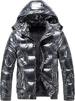 JEsilunmaMY Men's Thermal Shiny Hooded Puffer Jacket Winter Coats Water-Resistant Down Coats Insulated Padded Puffy Coat