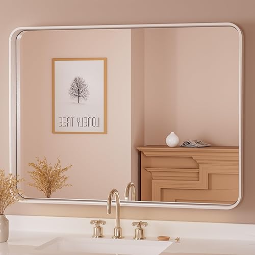 Miniatura 182 de TETOTE Espejo de 60 x 36 pulgadas para baño, espejo de tocador dorado de latón cepillado, espejo de pared grande rectangular con marco de metal Oro