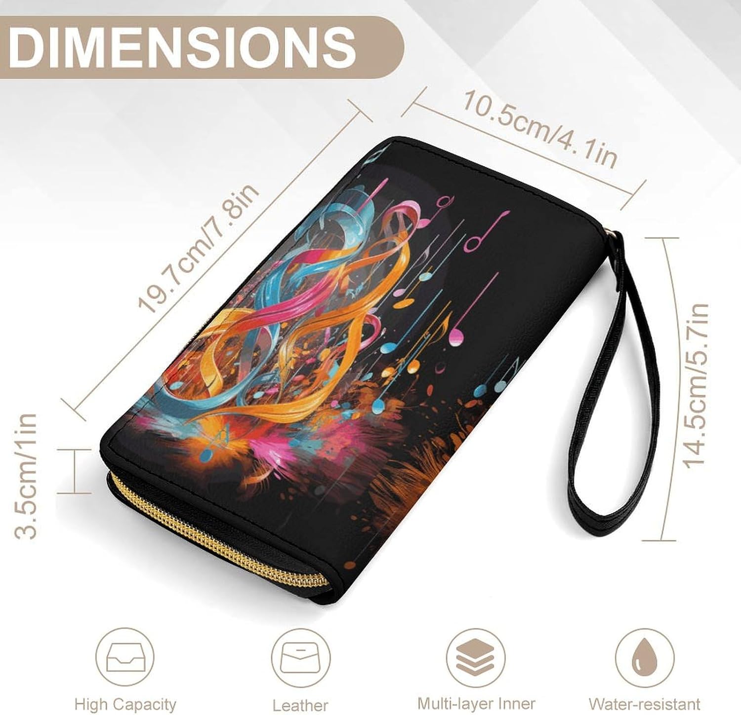 Womens Wallet Colorful Musical Note Printed Wristlet Wallets for Women Large Capacity Credit Card Holder Ladies Phone Clutch Leather Zip Around Clutch Wallet