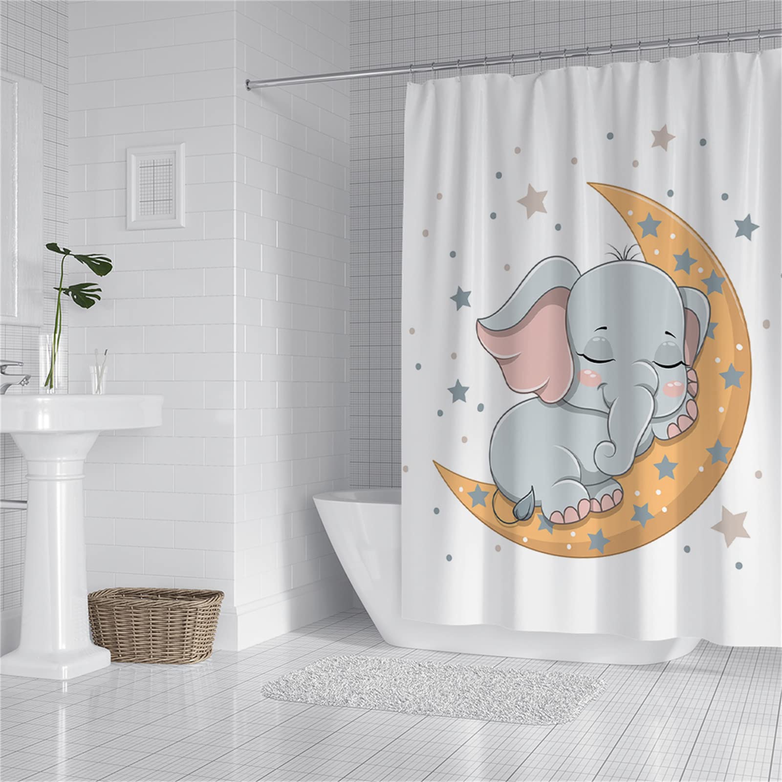 Rideau de Douche, Anti Moisissure, Imperméable, Tissu Polyester, Lavable, Grand et Petit Tailles Rideau Salle de Bain, Anime Éléph 180x240cm, avec Crochets Couleur Tissu Shower Curtain