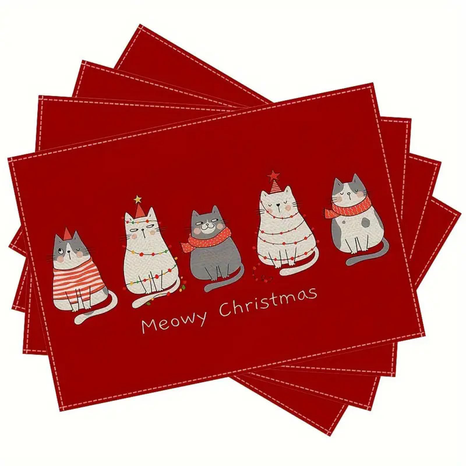 Tischsets Abwaschbar 8er Weihnachts Rote Katze Platzsets Abwaschbar Platzdeckchen Stoff Leinen Tischuntersetzer Hitzebeständig Tischunterlage Esstisch Dekoration Platzset 45x30 cm