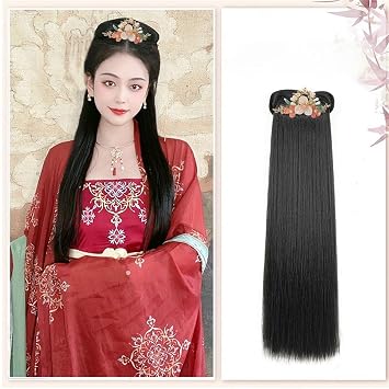 Fangool Chinese Style Women Wig Geisha Headband Wigs Ancient Chinese Headwear Wig Bun Hair Pieces Hanfu Headdress Dance WigsXiuya+headwear20