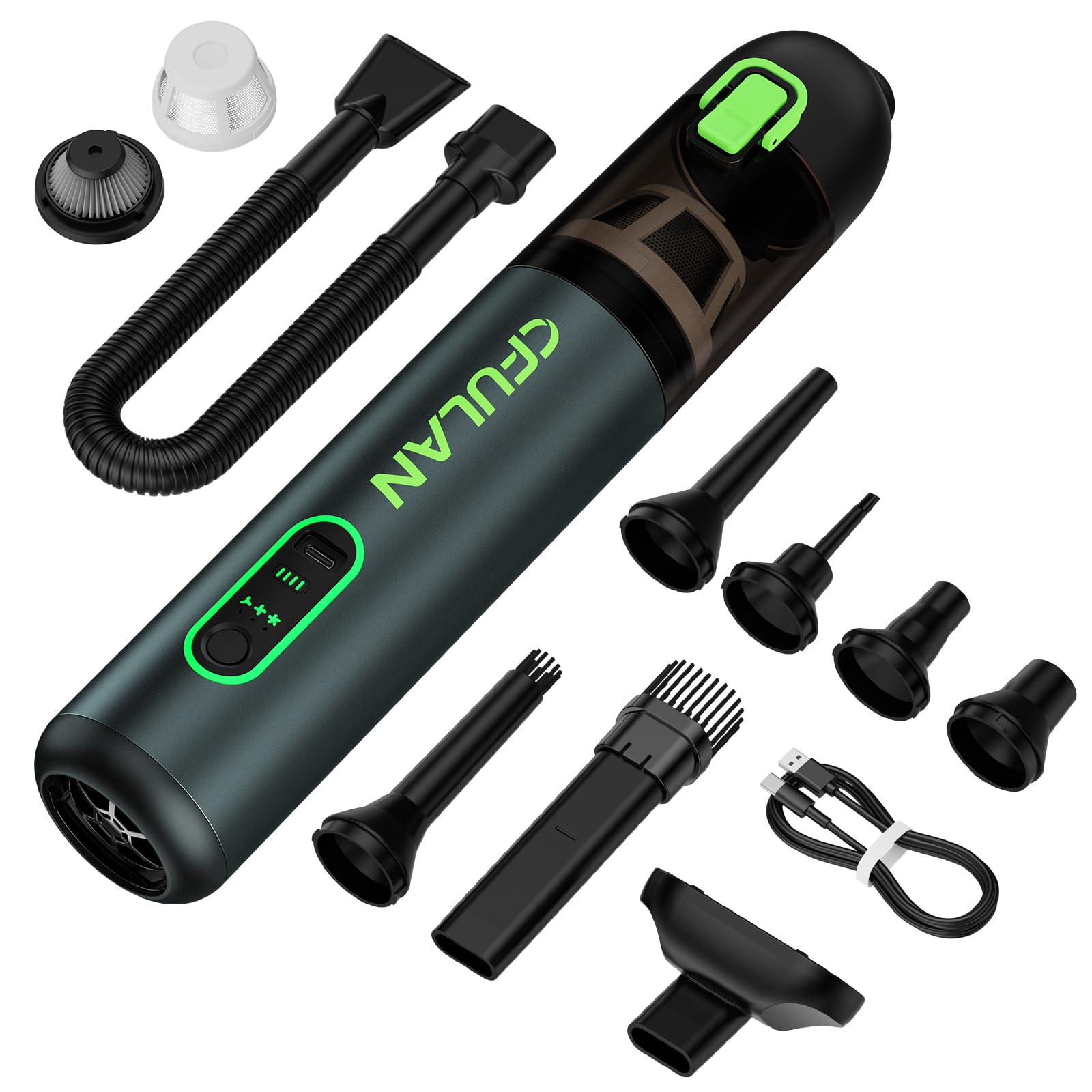 Cfulan Car Vacuum Portable Cordless, 21KPa 4-in-1 Handheld Mini Vacuum Cleaner with 8 Attachments, 3 Suction Modes, One-Touch Empty, Type-C Charge, Hand Vacuum for Car, Home, Keyboard, Small Job