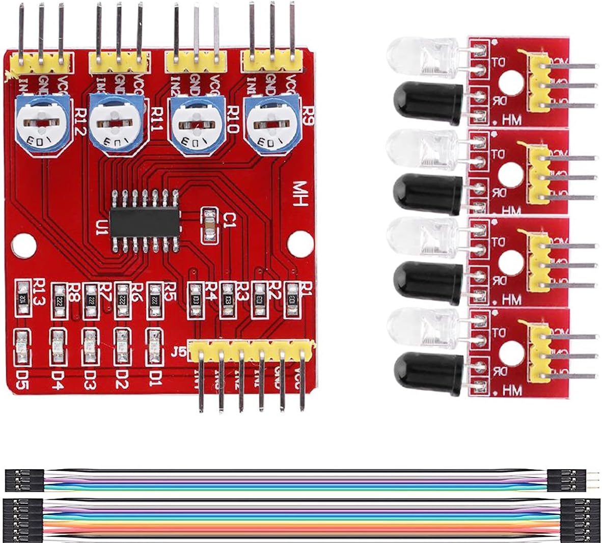 Infrared IR Line Track Follower Sensor Module Obstacle Avoidance PCB Sensor Module 4-Channel with DuPont cable for Smart Car