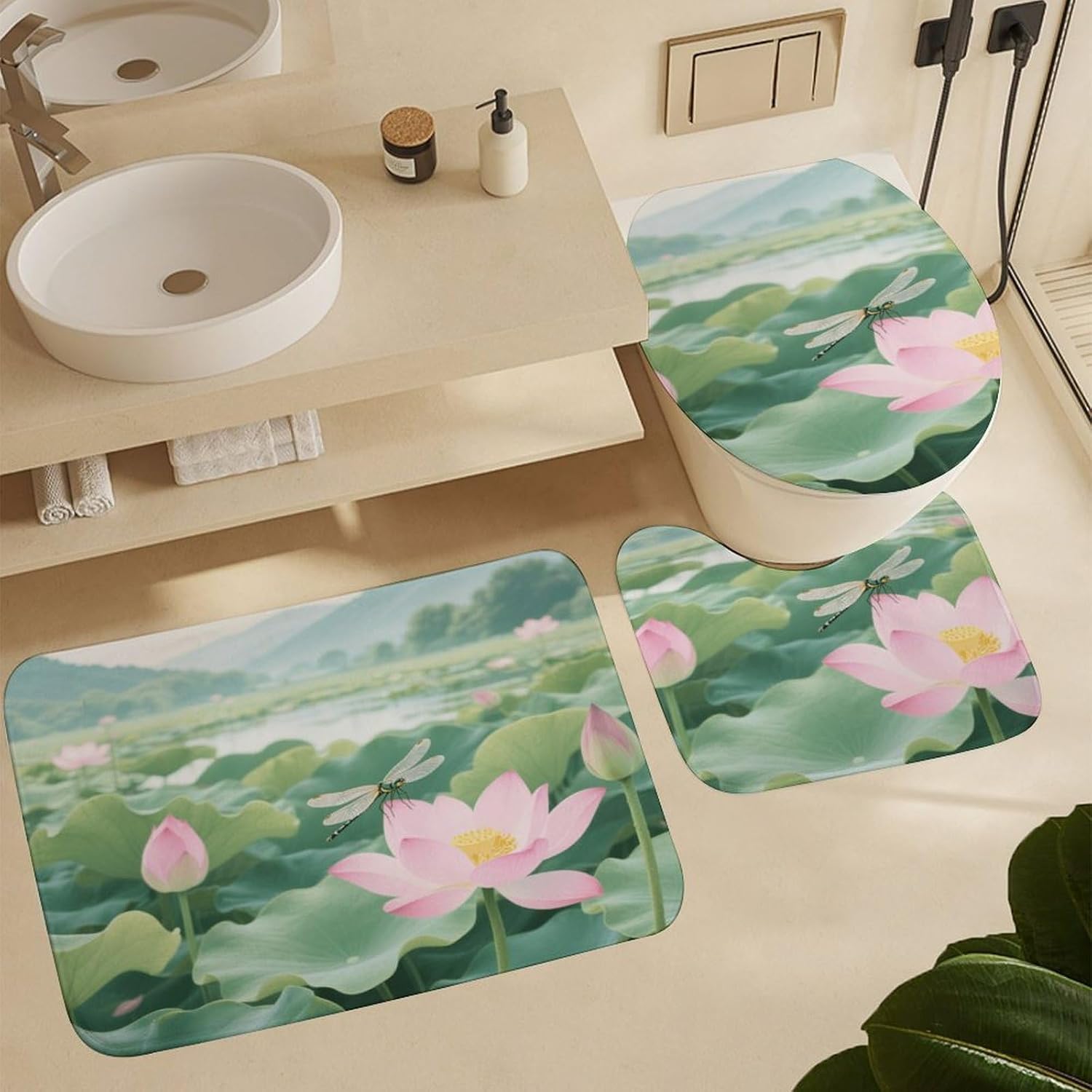 A Lotus Pond with Rippling Water Bath Rug Set 4 Piece,Bathroom Accessories Set-Toilet Rugs U Shaped,Toilet Lid Cover,Shower Curtain and Rugs,Ultra Soft, Absorbent,Home Decor