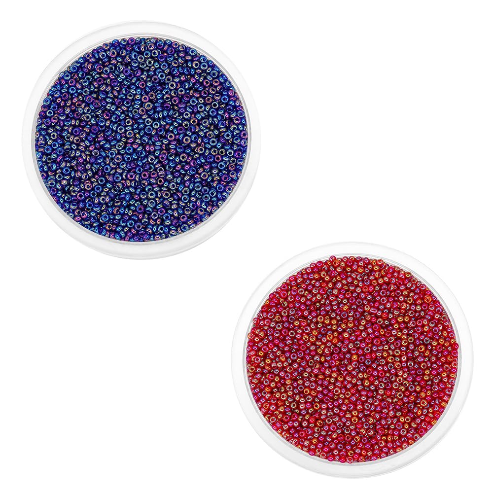 2 Packs 3600pcs Glass Seed Beads AB Colorful 2MM Spacer Bead Small Craft Seed Beads for DIY Beading Royal Blue and Red