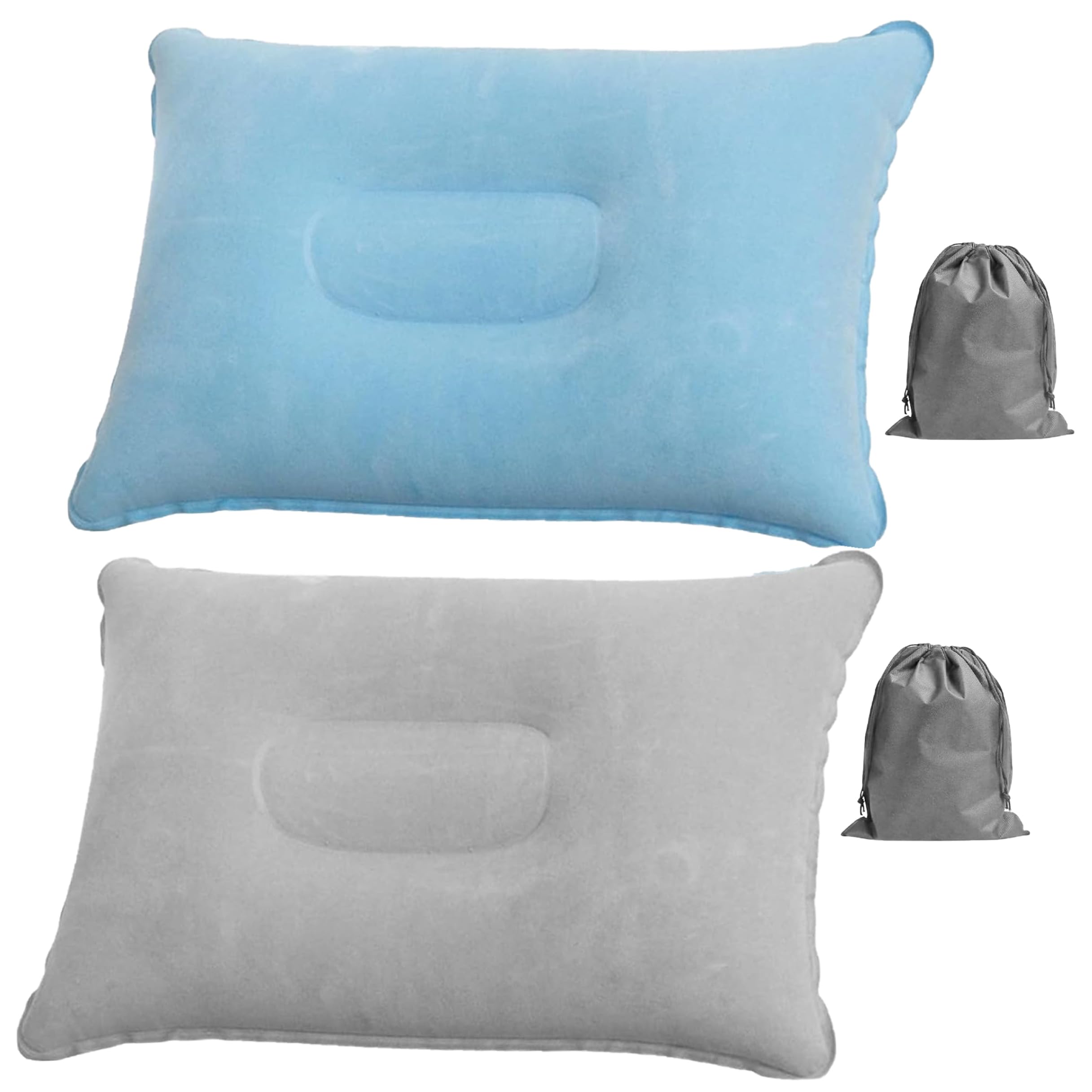 Qoidrfofse 2Pcs Inflatable Camping Pillows, Soft Flocked PVC Backpacking Pillow for Travel, Camping & Hiking, Light Grey & Sky Blue, 34x22.5 cm