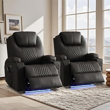 Power Recliner Chair for Adults, Faux Leather Recliner Chair with Vibration Massage & Heat, Home Theater Seating with Cup Holders/LED Lights/USB Ports/Side Pockets for Living Room, Brown