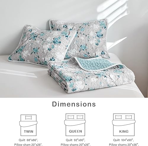 Miniatura 4 de Flysheep Juego de edredón botánico tamaño matrimonial Queen de 3 piezas, color gris y aguamarina, elegante juego de ropa de cama de verano con