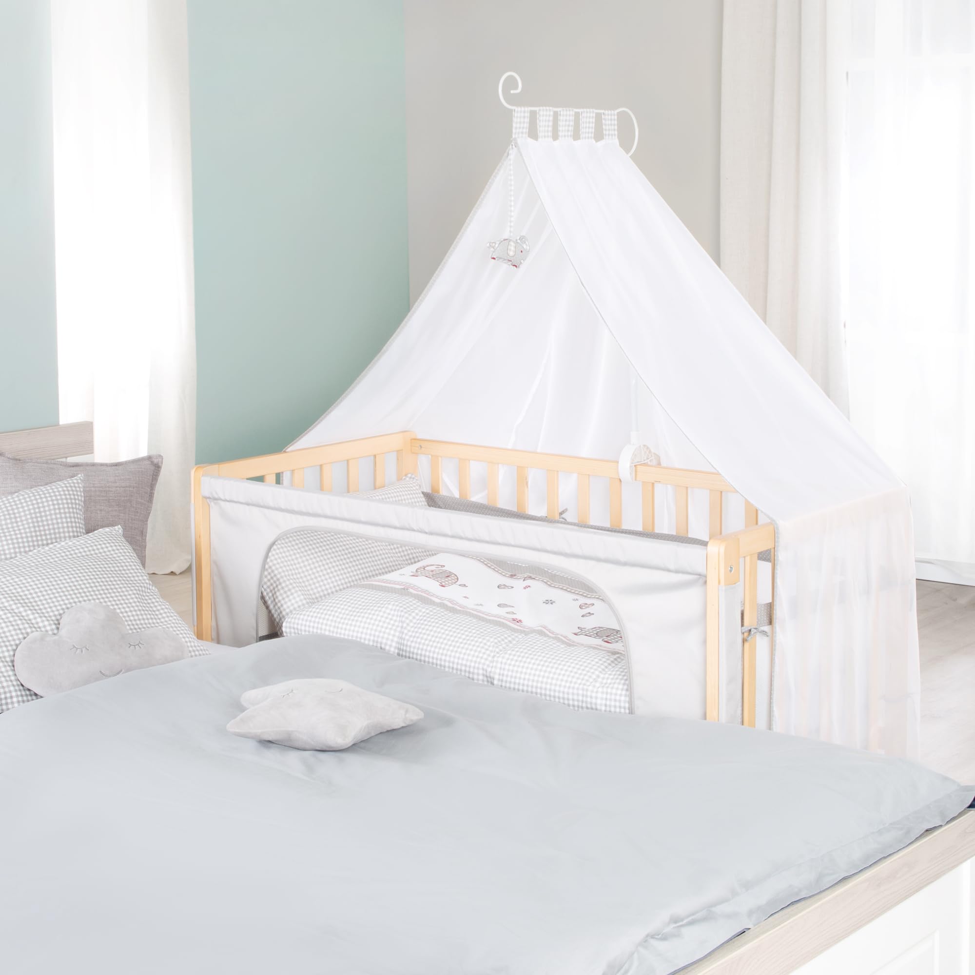 roba Beistellbett 60 x 120 cm - Jumbotwins - Babybett zum Anstellen - Inklusive Matratze, Bettwäsche, Himmel im Elefanten Design - Mobil & Höhenverstellbar - Holz Natur
