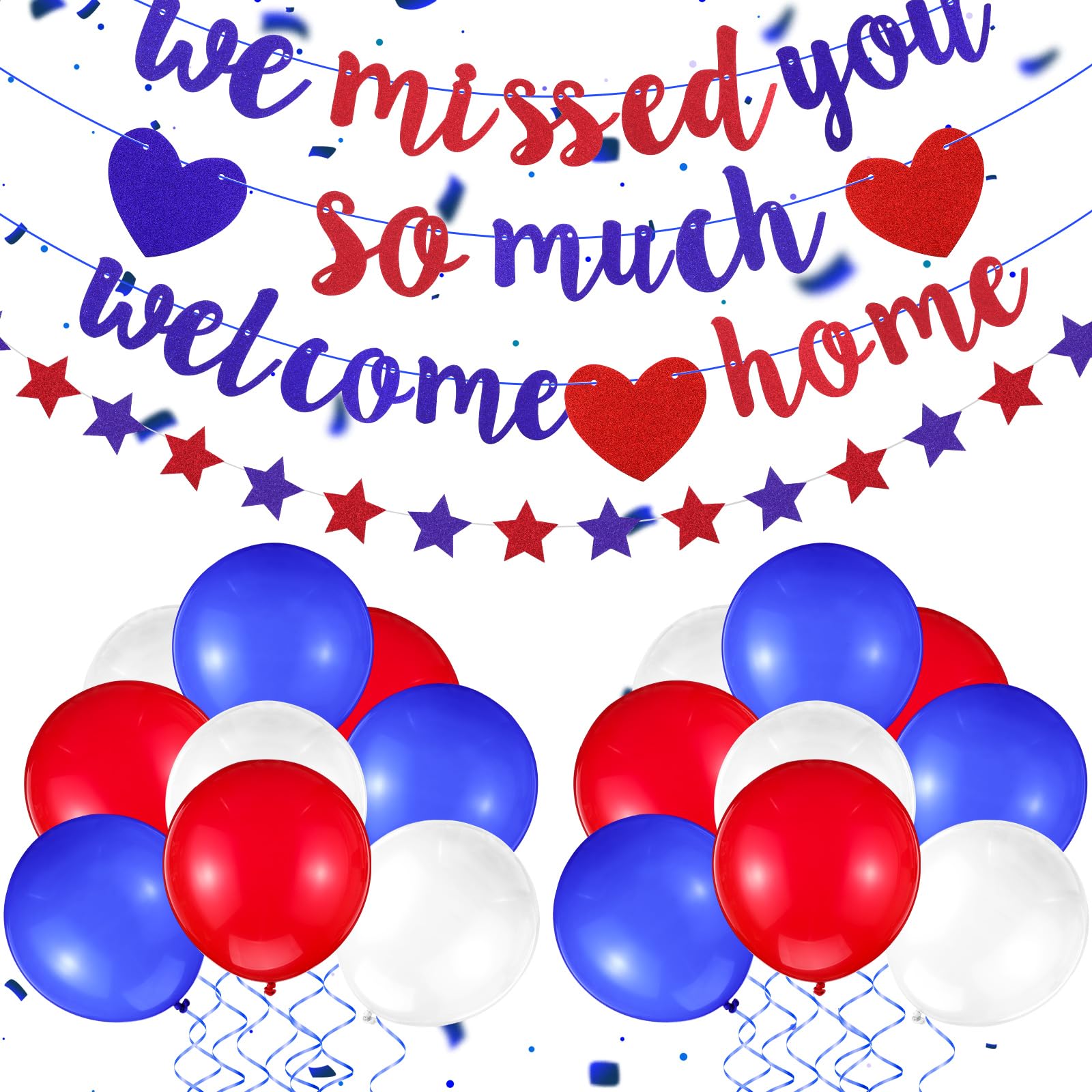 Red White and Blue Welcome Home Decorations We Missed You So Much Banner Glitter Garland and Balloons Party Supplies for Military Army Returning,