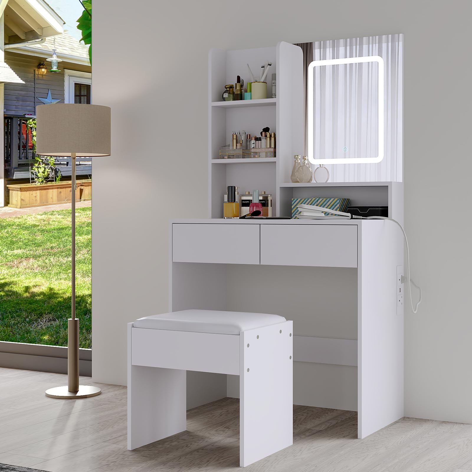 Komtopod Dressing Table with Mirror and Stool, Small Vanity Table with Charging Station, Makeup Desk with Adjustable Brightness Led Lights 2 Drawers and Open Shelves for Bedroom Dressing Room