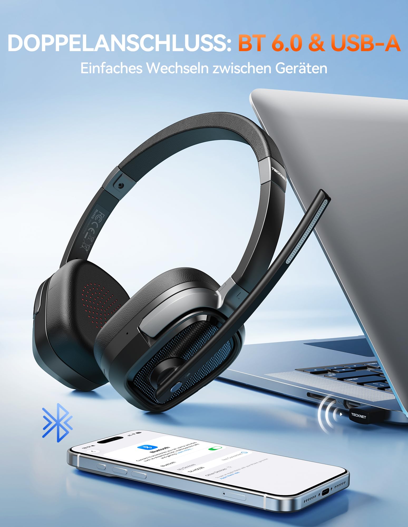 TECKNET Cuffie Bluetooth con Microfono, 50+ Ore Autonomia, Cancellazione Rumore, Doppia Modalità (Bluetooth/USB-A) Cuffie con microfono per PC, telefoni, lavoro a distanza e videoconferenze