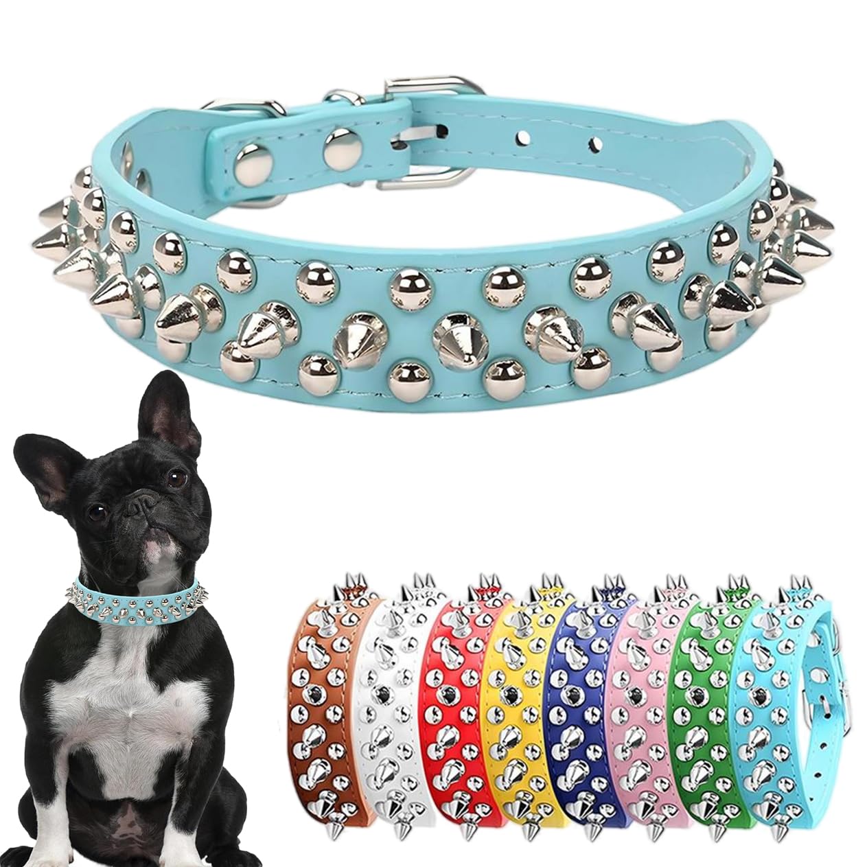 Spiked Dog Collars, Studded Dog Collar Leather Rivet Puppy Collar Spike Adjustable for Small Medium Large Dogs Light Blue XXS — image 1