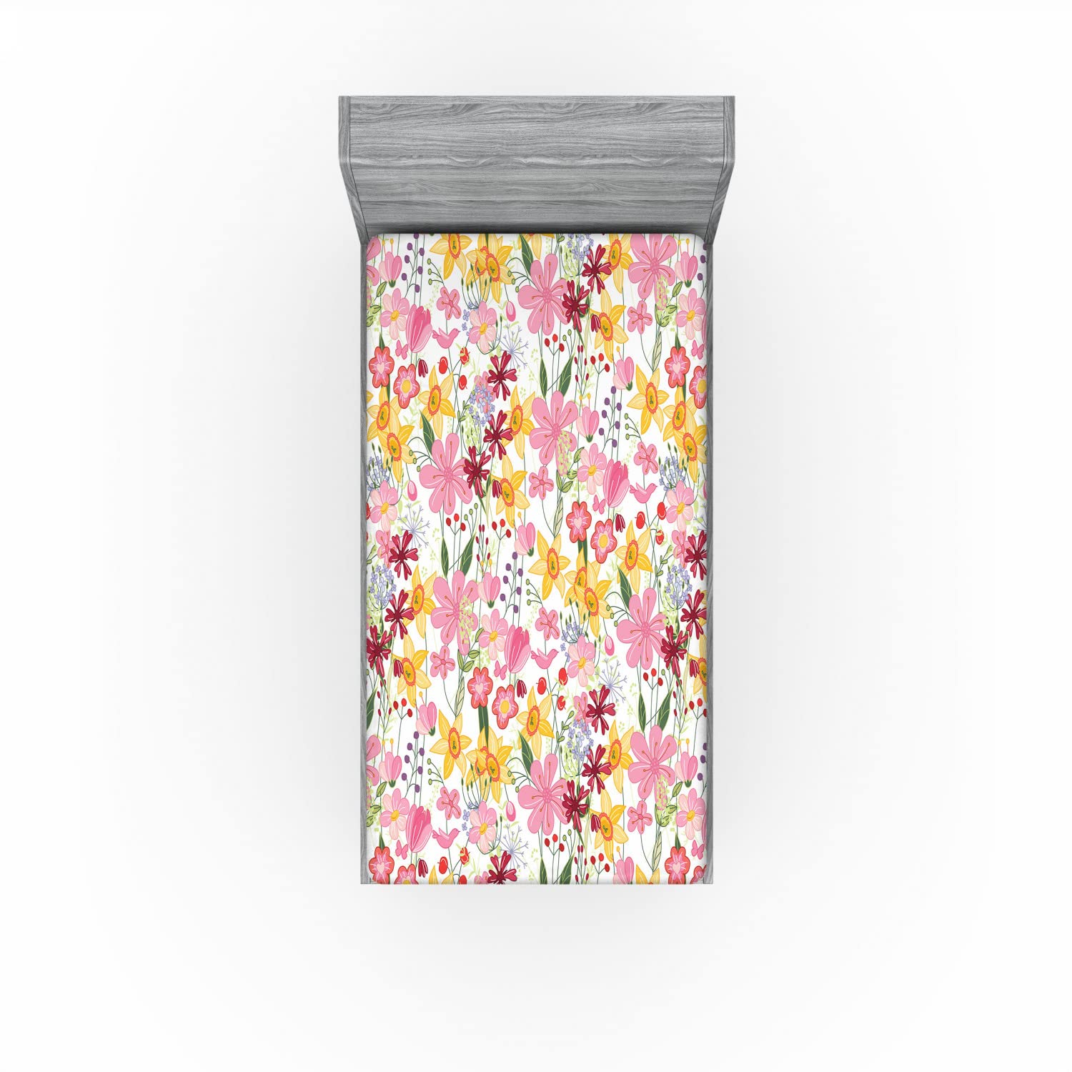 Ambesonne Daffodil 2 Pack Fitted Sheet, Cartoon Tulips Garden Art, Bed Cover All-Round Elastic Deep Pockets 2 Pieces, Package Contains 2 Twin Size Fitted Sheets, Pink Pale Orange