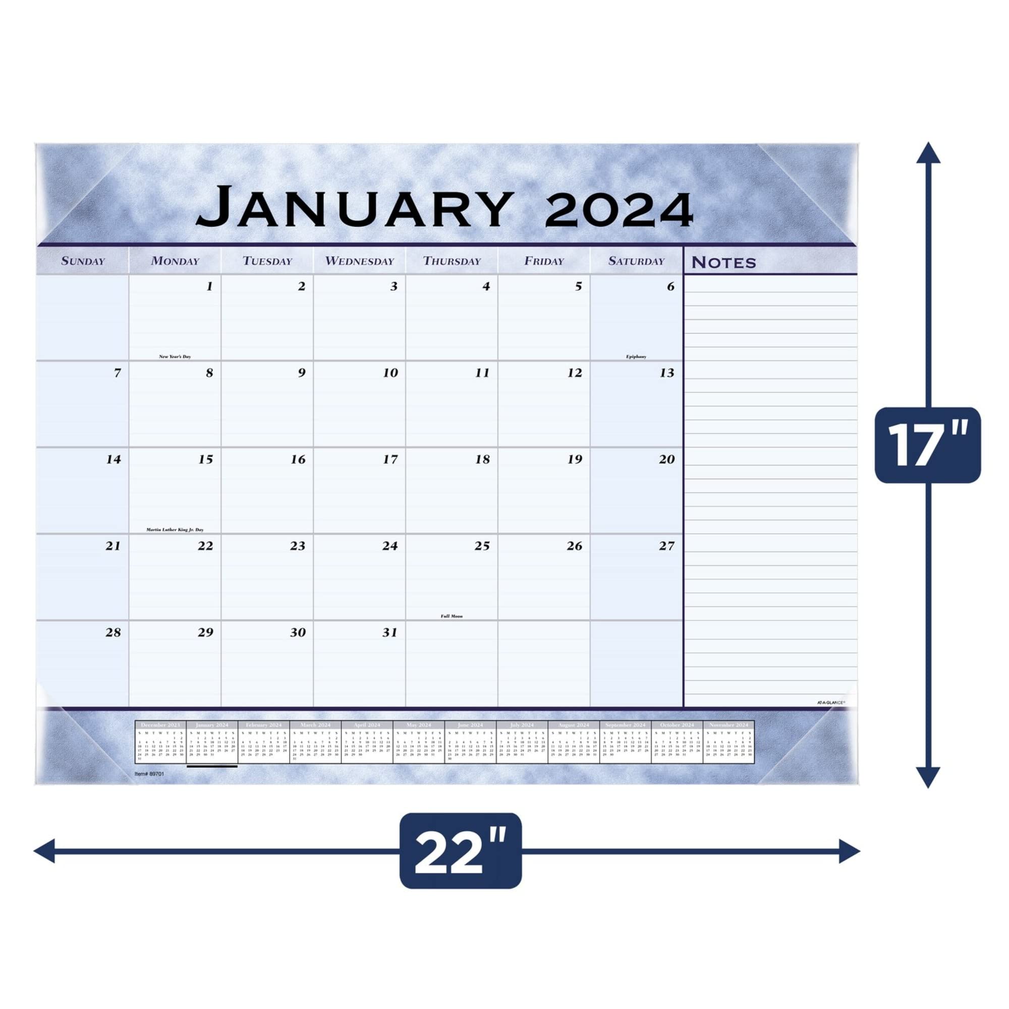 2024 AT-A-GLANCE® Monatlicher Schreibtischunterlage Kalender, 54,5 x 43,2 cm, Schieferblau, Januar bis Dezember 2024, 89701